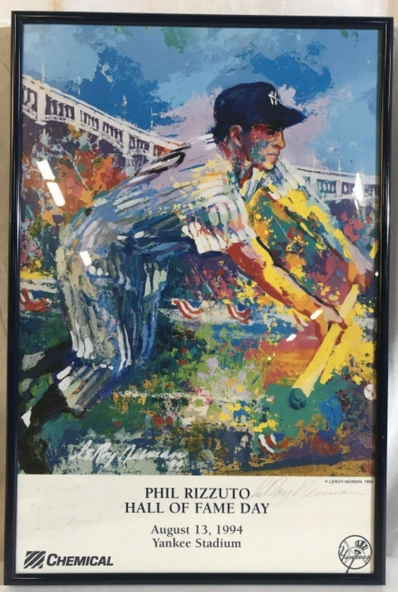 Phil Rizzuto, Leroy Newman SIGNED POSTER Framed Phil: Framed Phil Rizzuto HALL OF FAME DAY Poster in blue metal frame & regular glass. Signed by poster artist Leroy Newman & Inscription by Phil Rizzuto- To Lisa, ‘ Holy Cow’ Phil Rizzuto. Markings lig
