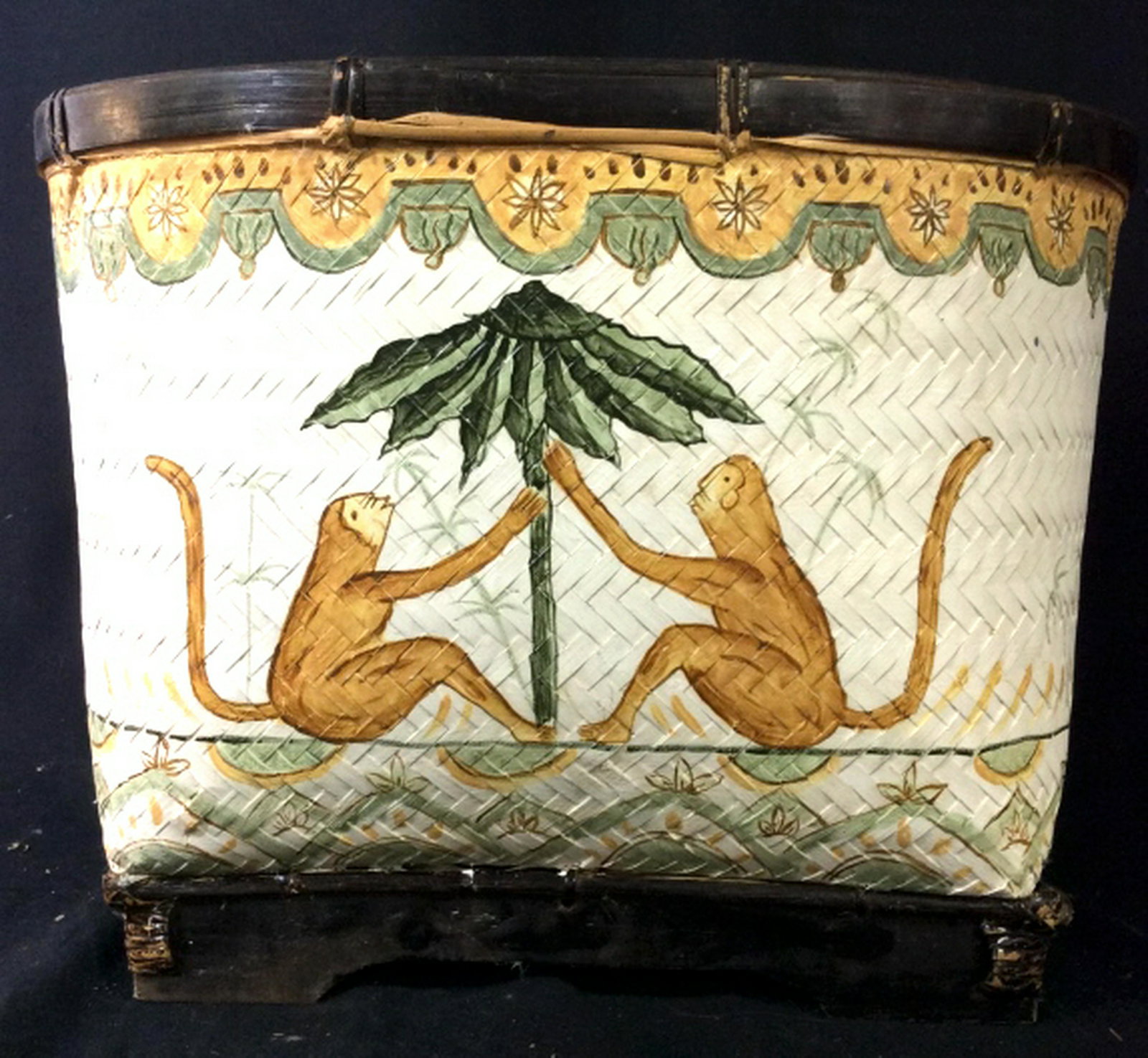Large Woven Monkey Design Basket Possibly hand painted: Possibly hand painted woven composite measures app ht 14 inches length app 19 inches width 13 inches planter, vessel, log bin, magazine bin, boho design, home accent and decor, interior design