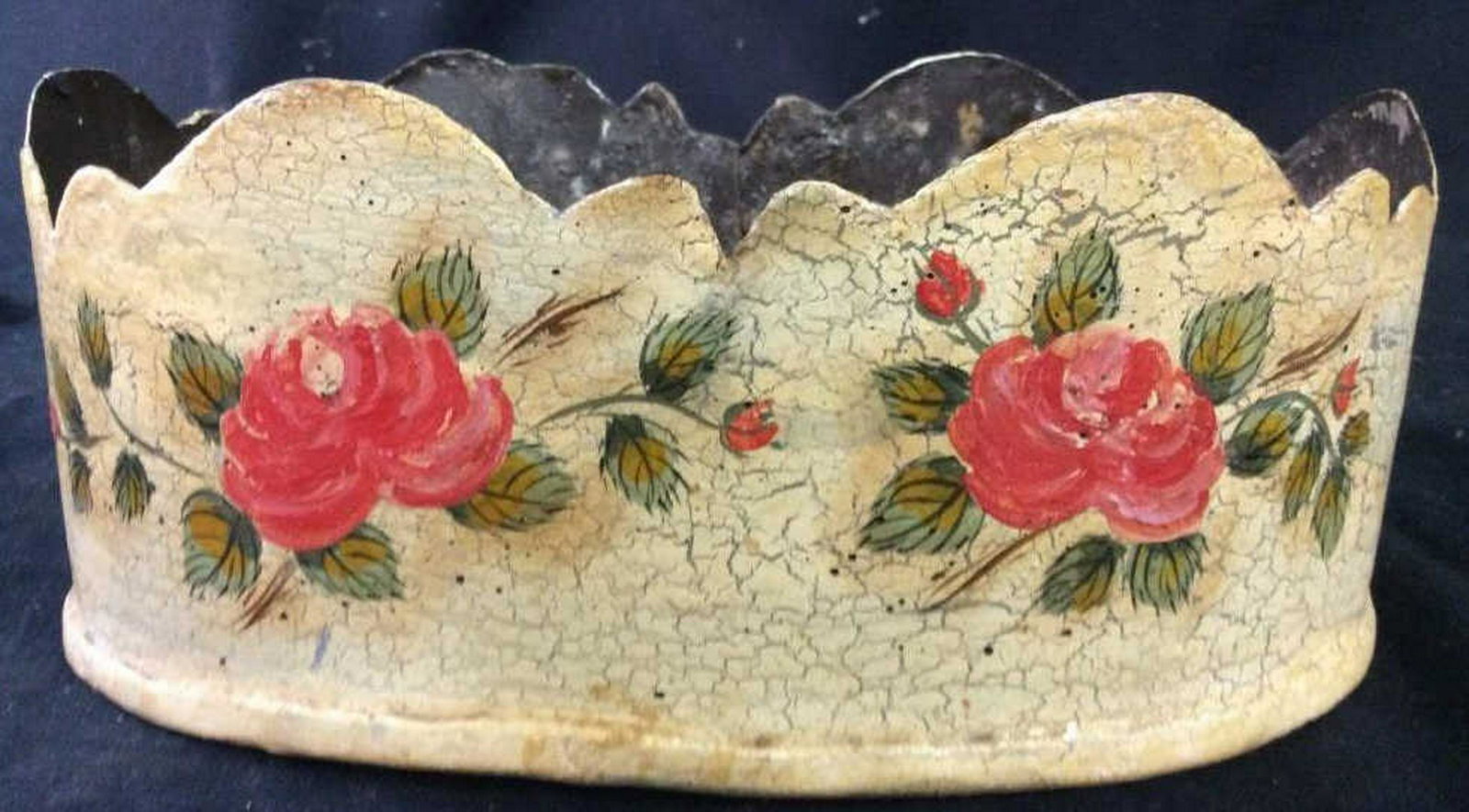 Tole Metal Vessel Cache Pot Decorative metal table top: Decorative metal table top accessory , floral design, vintage metal ware, cache pot, planter, decorative accessory, tableware measures app 9 inches length ht app 4 inches