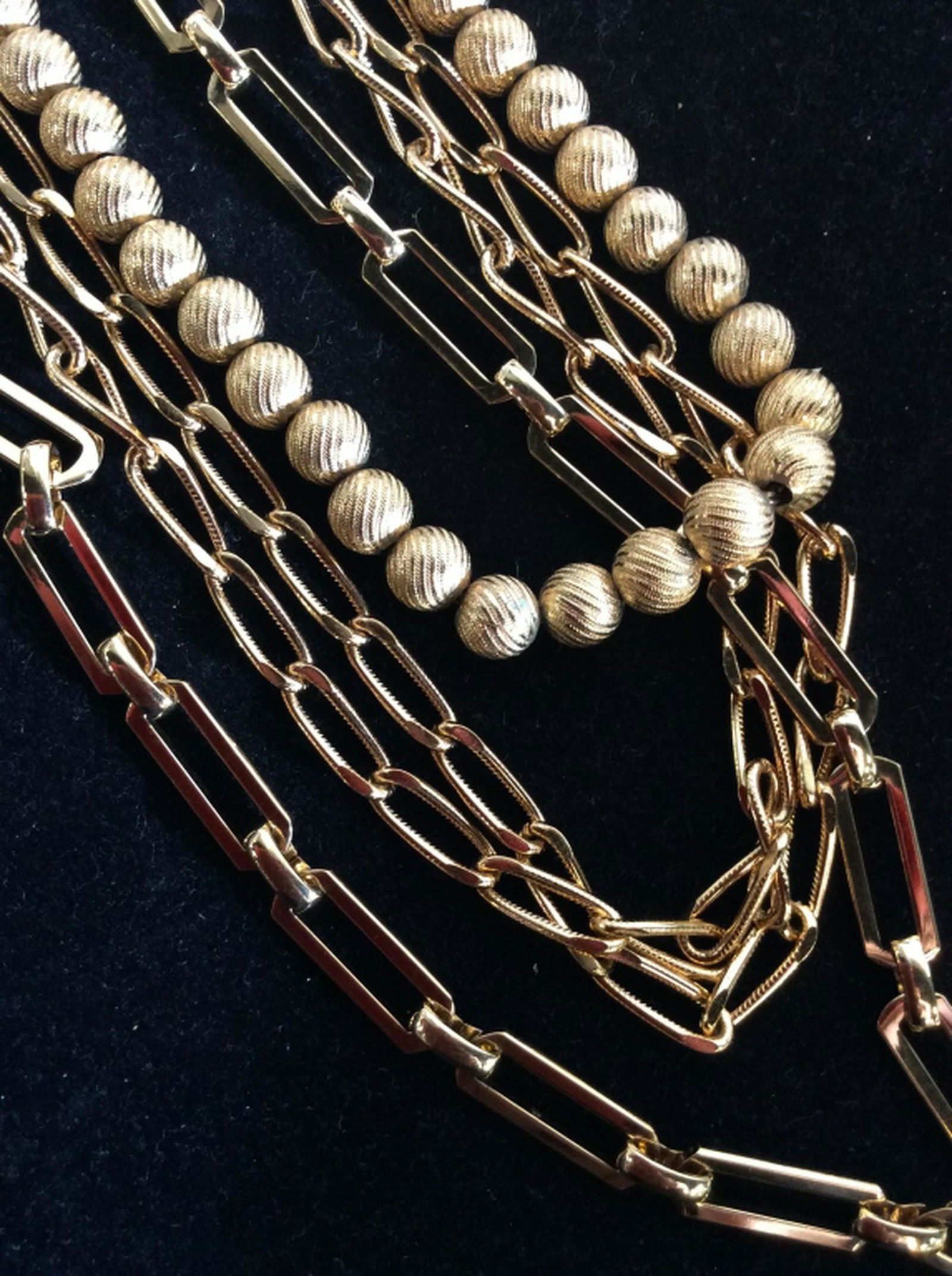 Lot 3 Monet Gold Toned Costume Necklaces 2 Metal Chain: 2 Metal Chain Necklaces, one ball shaped bead necklace, all marked Monet, various lengths, fashion accessories, Ladies vintage costume estate jewelry 4