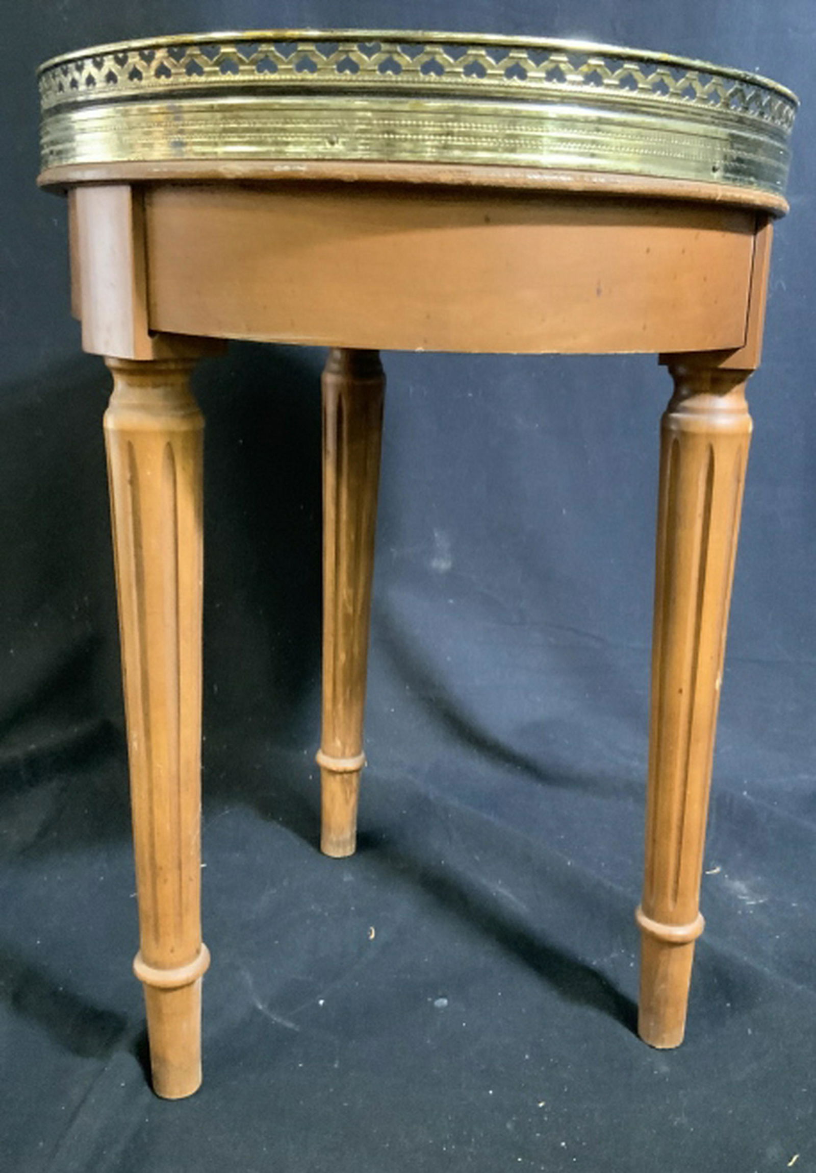 Marble Top Occasional Table w Gallery Circular drinks: Circular drinks table, wood, with polished light stone top and brass gallery, vintage possibly antique measures ht 18 inches diameter app 13 inches use as plant stand,