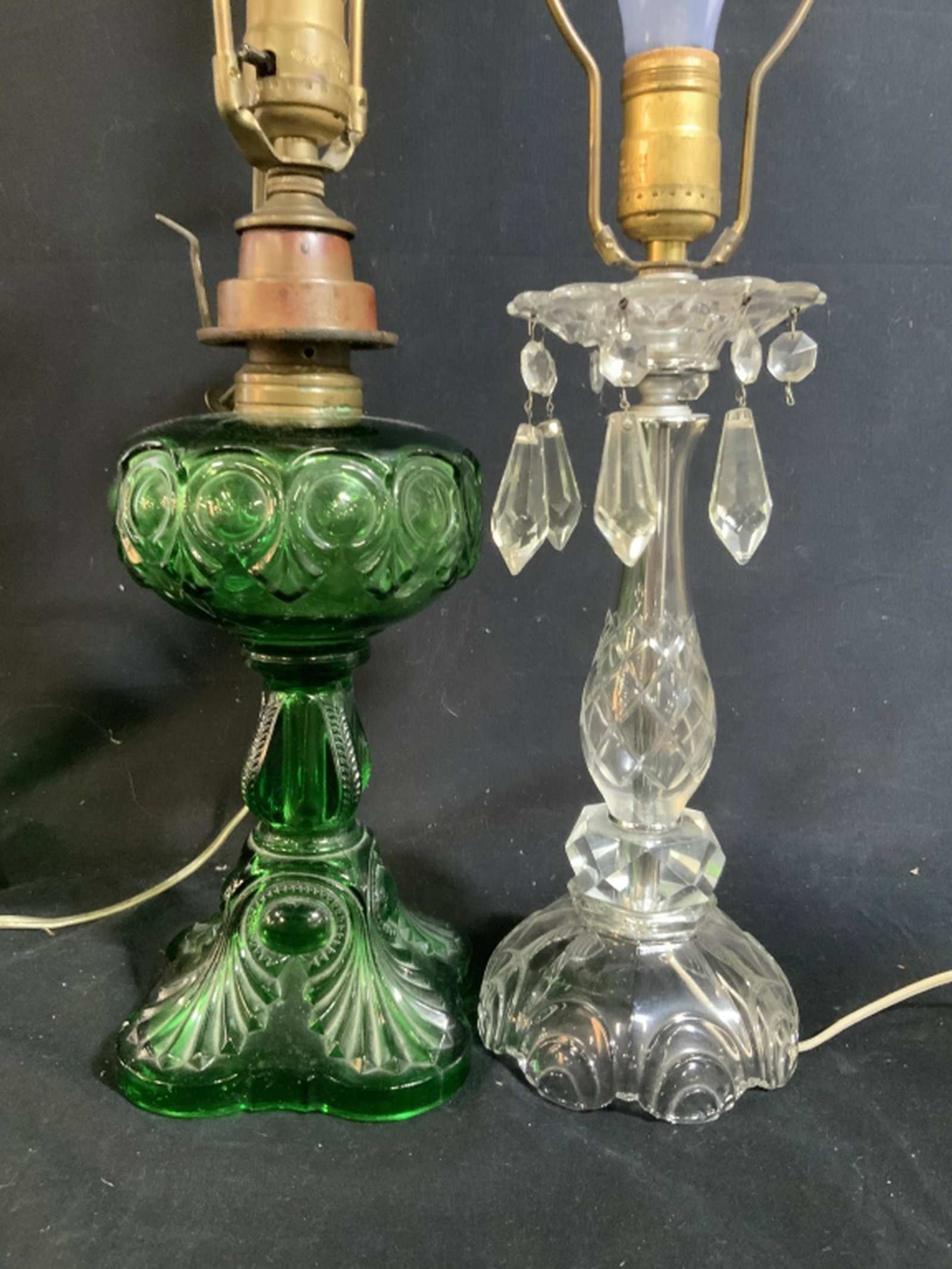 2 vintage green +clear glass Lamps Pressed green glass: Pressed green glass lamp w art nouveau elements, and clear glass lamp w art nouveau lines, taller measures ht to finial 24 inches interior accessory, home lighting table lamps,