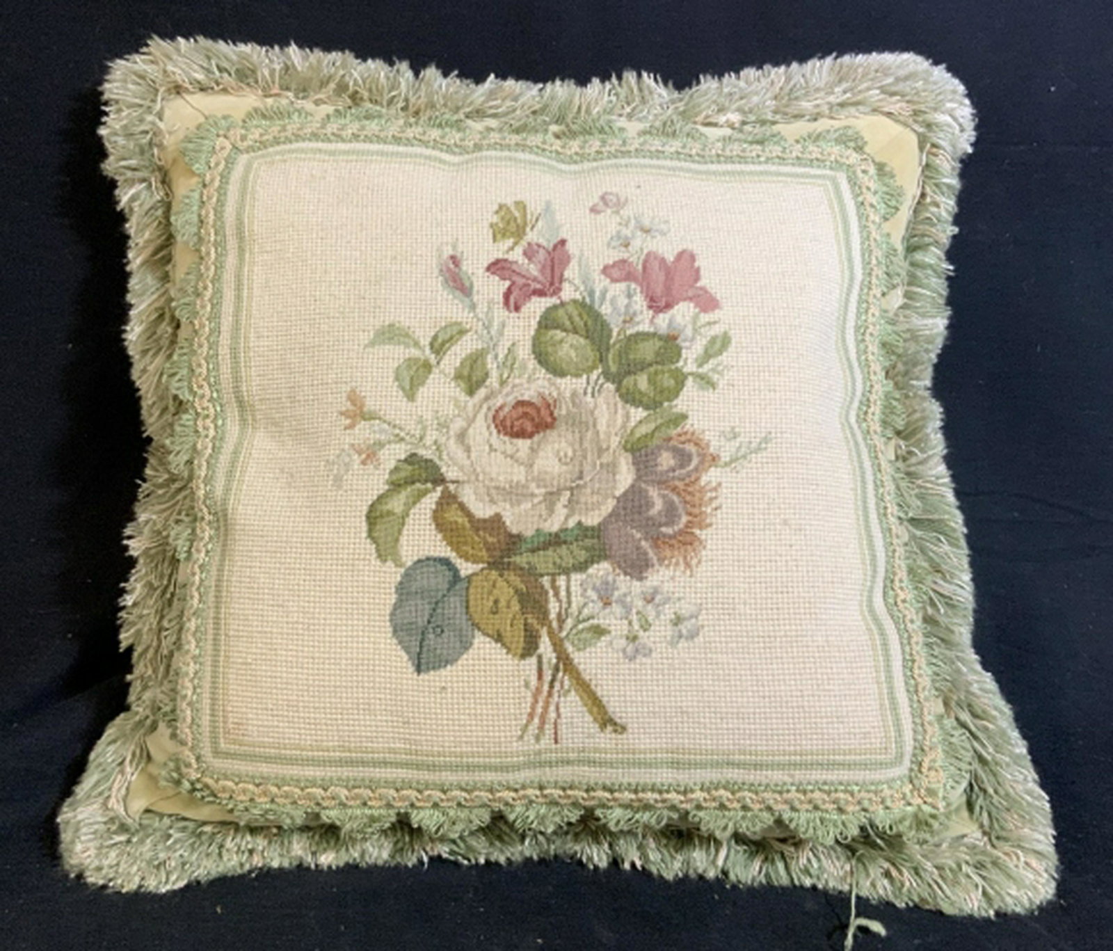Decorative Needlepoint Toss Pillow: With trim and fringe, throw pillow, decorative accessory measures app 18 inches square