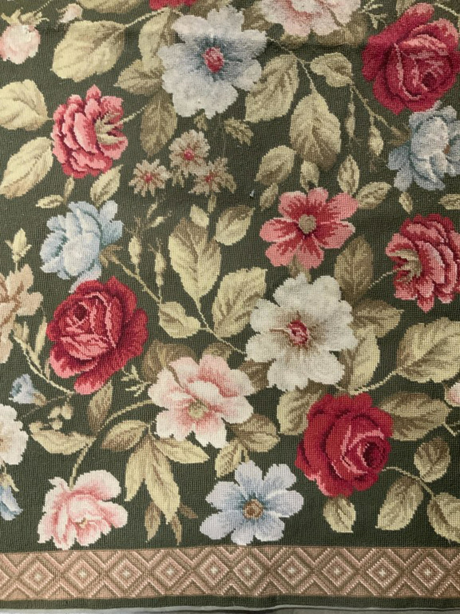 Vintage Needlepoint Area Rug w Lining: Carpet, area rug, back lined for wall hanging, decorative accessory, hand made, large rose motif, country French style, measures app 33 by 57 inches