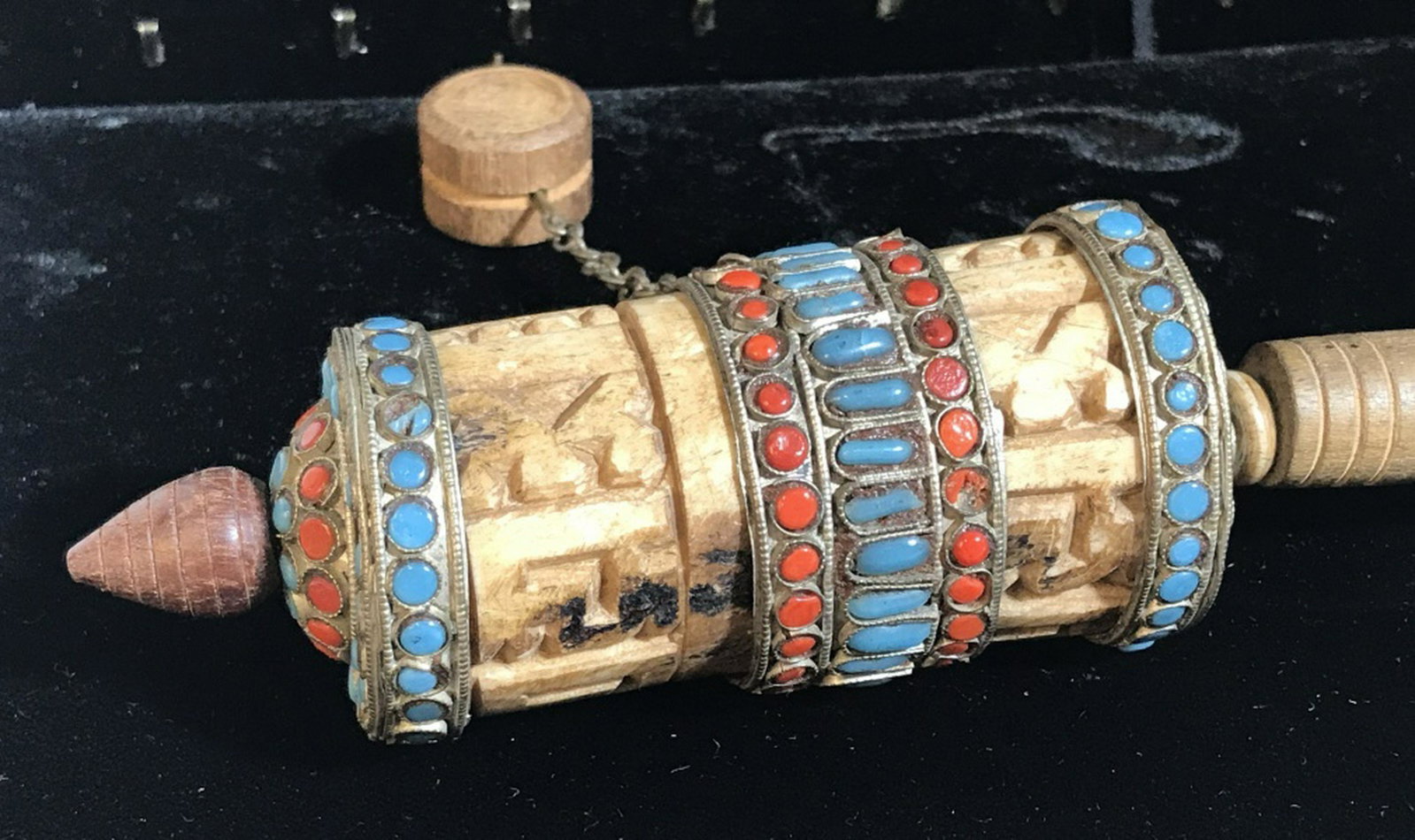 Tibetan Buddhist Prayer Wheel-Turquoise/Coral/Bone: Wooden handle measures a little over 5.5 in. Has a wooden finial that unscrews. Wheel measures just under 5.5 in circumference. Total length, 10.5 in. Handcrafted Tibetan Wheel, Hand Carved Bone Tibet
