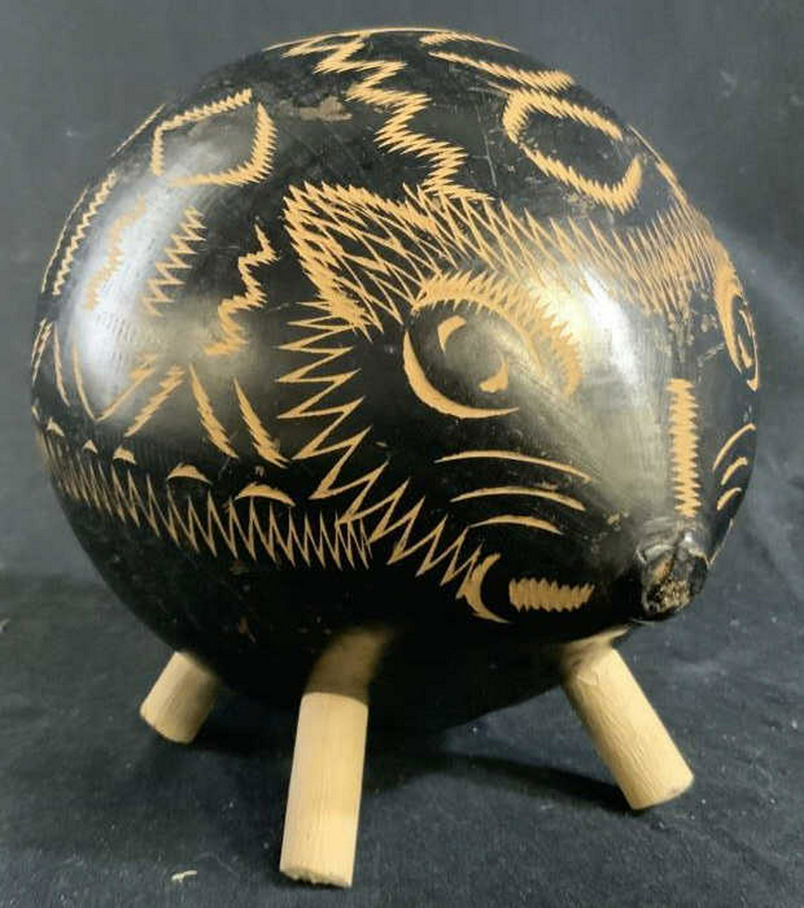 Wood Animal Figural: Possibly mouse Figural, wood or gourd, measures ht app 7 inches. Appears to have once been used as a coin bank, slit at top. folk art, home accent and decor, decorative arts and decor, folk art,