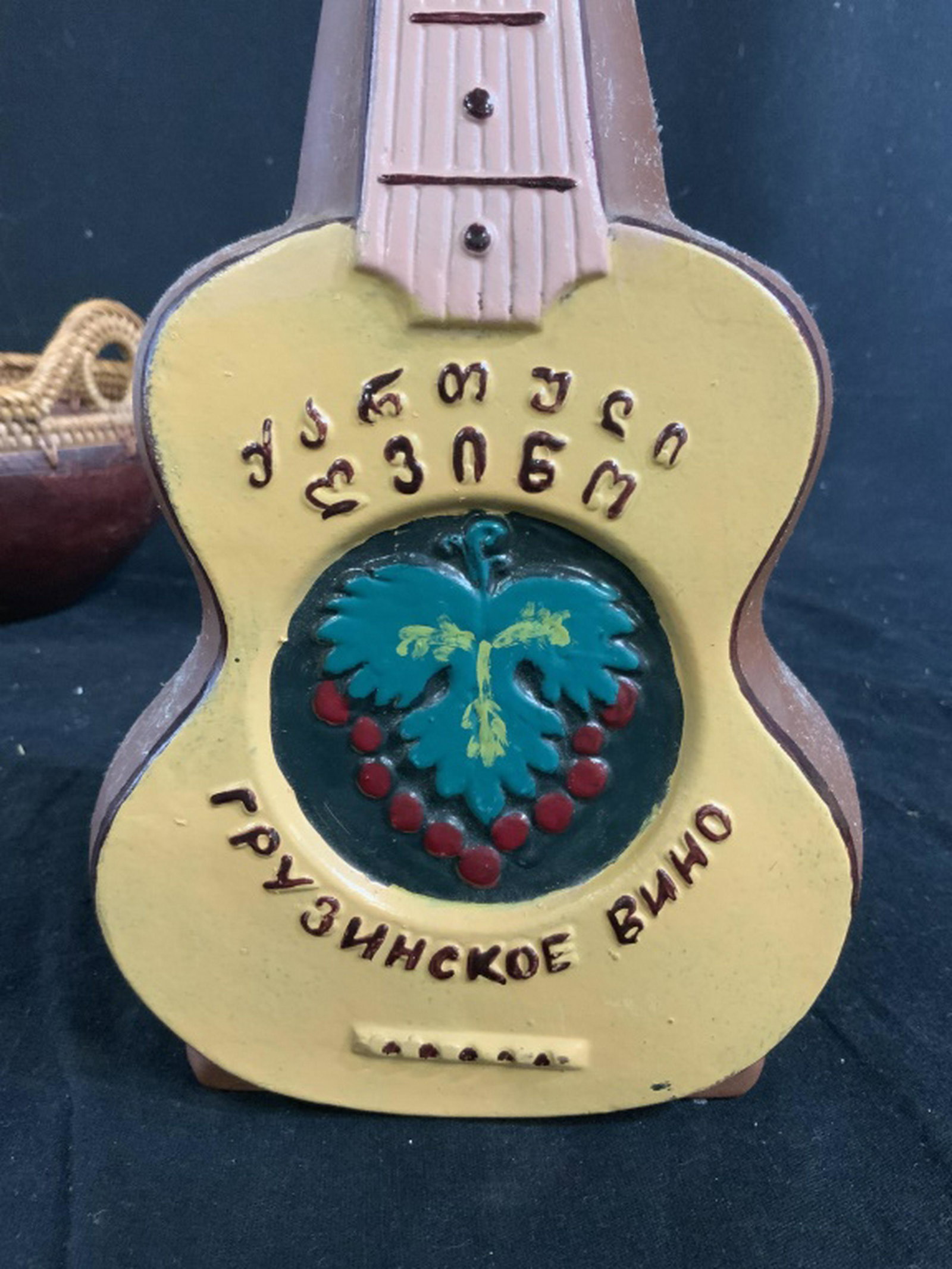 Russian Ceramic Guitar Bottle W Bowl: Lot of two, ceramic bottle from Russia in form of guitar, ht app 13 inches, decorative hand made bowl, accessories, decorative tableware, tabletop accessories, shelf pieces, home decor, collectible ce