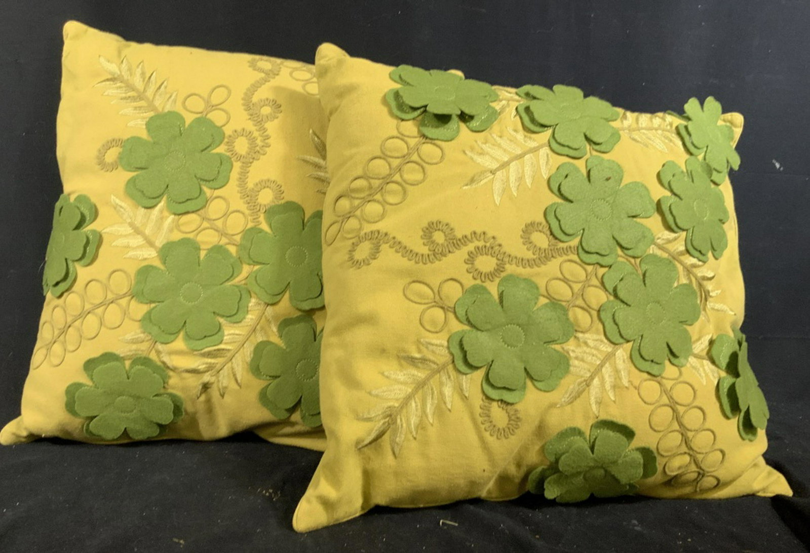 Pr Green Daisy Design Toss Pillows: Throw pillows decorative accessories, green felt pop up florals, each measures app 18 inches square, throw pillows, toss pillows, home accent and decor