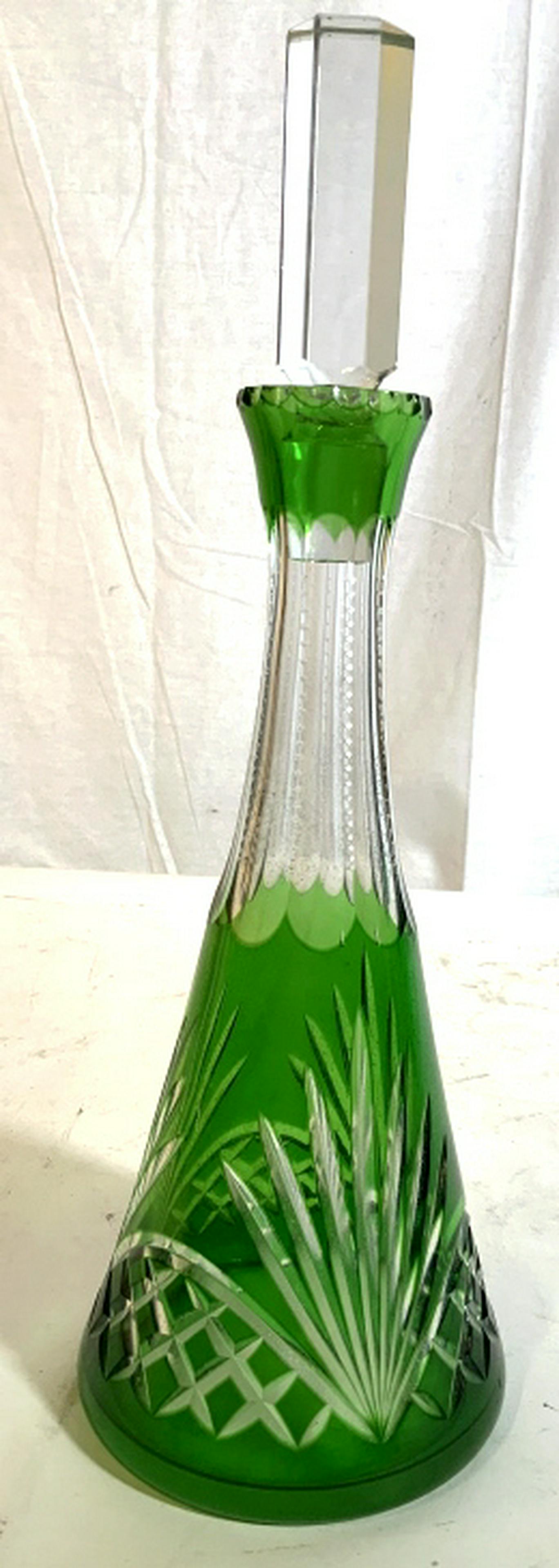 Green Cut to Clear Bohemian Glass Decanter: Decorative bar ware, collectible bohemian glass, decanter, shelf piece, decor piece, decorative accessory, tableware, measures ht app 15 inches diameter app 5 inches