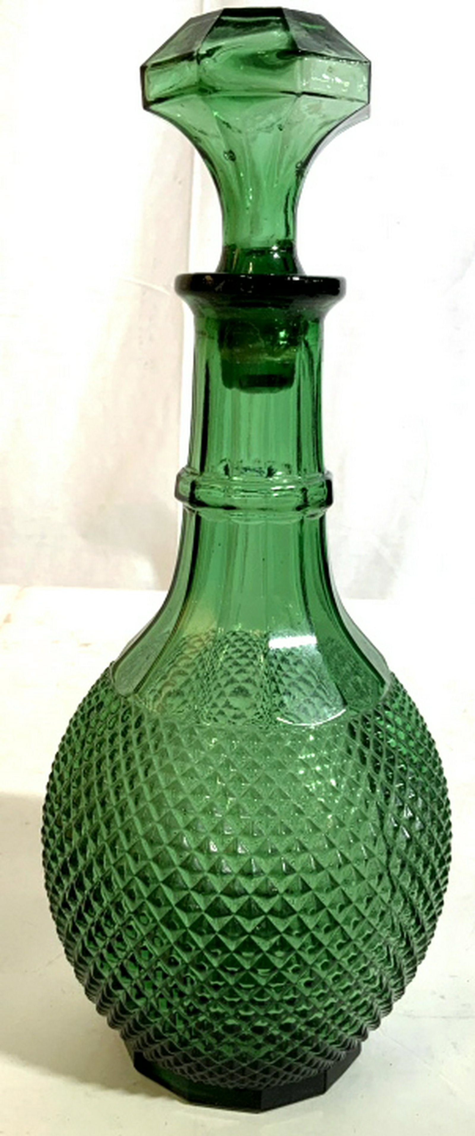 Textured Green Glass Decanter w Stopper: Textured glass, bar ware, decorative accessory, tableware, decanter vessel, measures ht app12.5 inches diameter app 5 inches