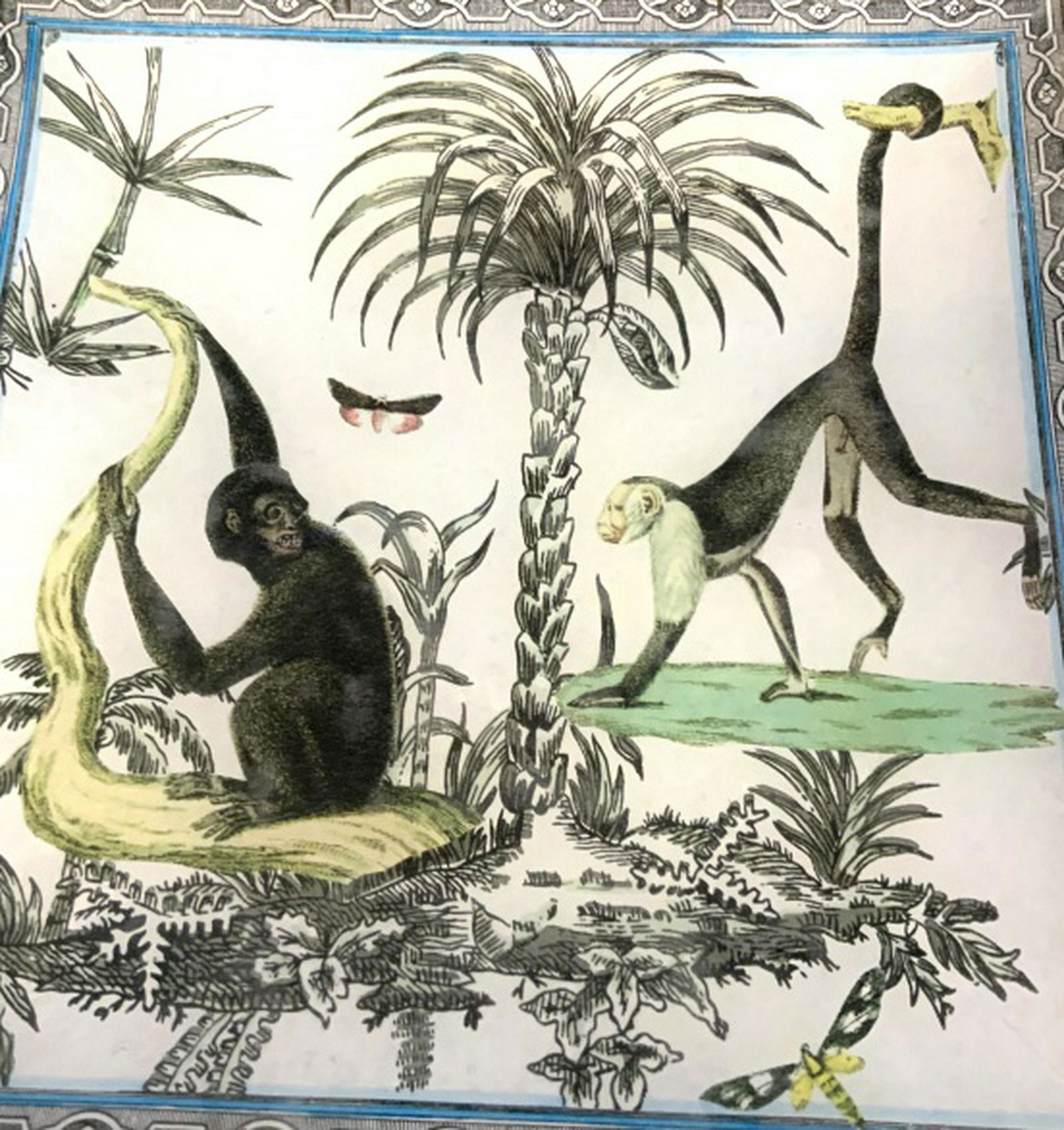 Monkey Design Glazed Decorative Plate: Painted coated glass with wires for hanging, decorative plate, shelf piece, wall hanging, home accent and decor, labels on back, decoupage style measures app 10 inches square