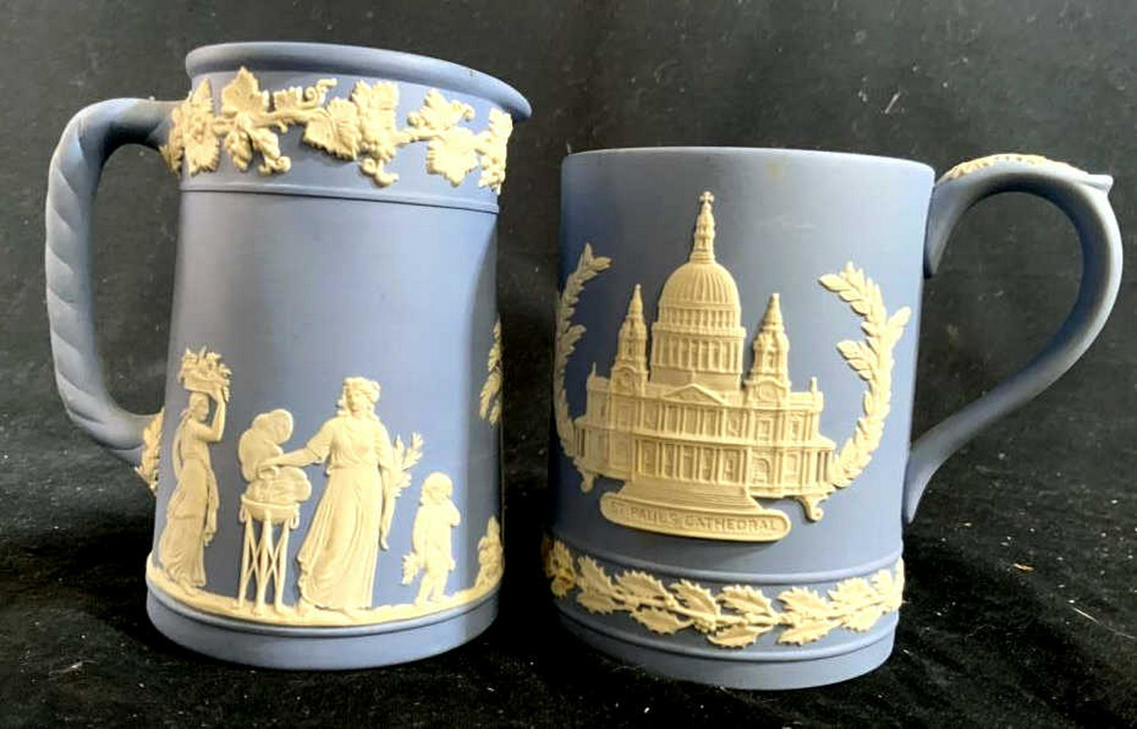 Pair Wedgwood Porcelain Mugs, England: Mugs tankards, English bisque porcelain, Wedgewood table ware, Pitcher, vase, taller w spout measures ht 5 inches