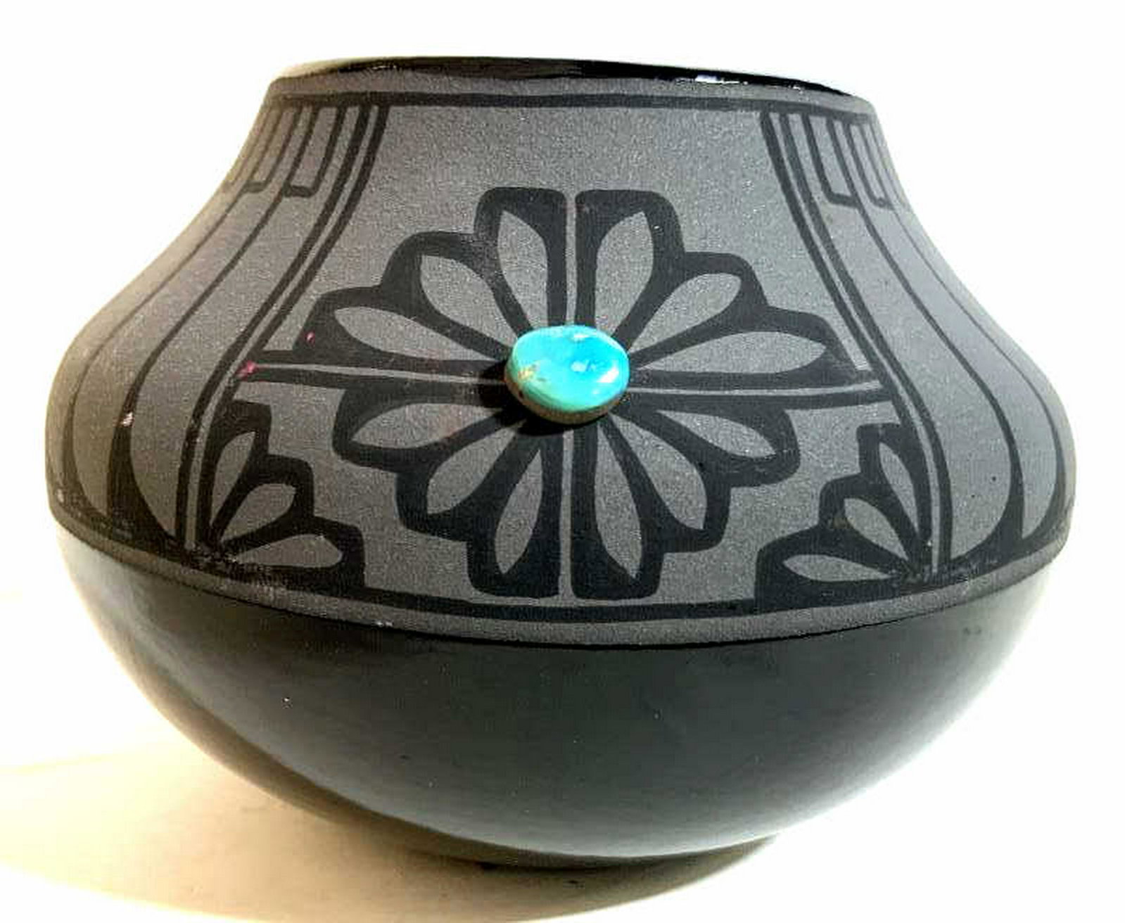 Lawrence VARGAS Signed Ceramic Vase: Signed on underside Small turquoise style stone accent, Pottery, ceramic, vase vessel, table ware, measures ht 4 inches diameter app 5 inches