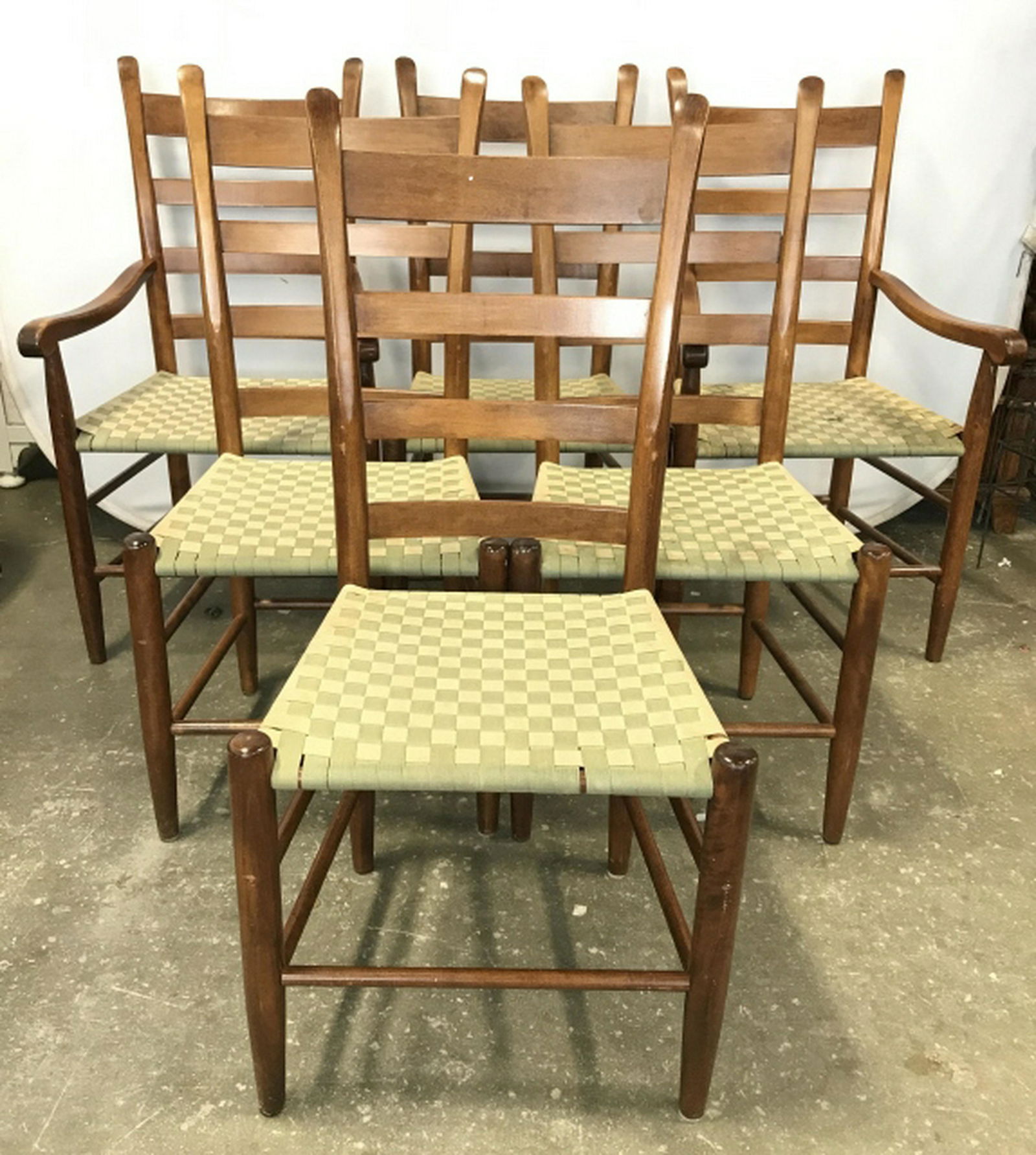 Set 6 Vintage Shaker Chair Dining Chairs: Lot includes 2 end chairs and 4 side chairs. Each seat is woven with slate cream and green tones. End chairs measure approx 42 inches tall 23 inches wide and tall. Pieces have some wear and need clean