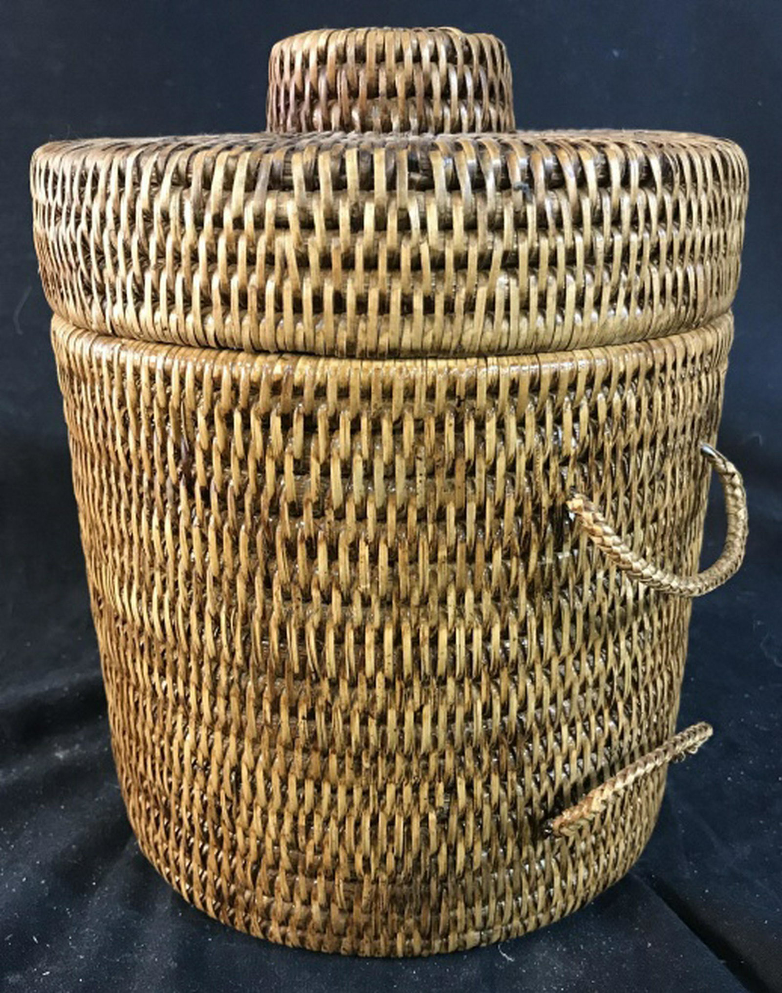 Woven Rattan Lidded Ice Bucket, Lined: Measures ht app 10 inches, diameter 8 inches ice bucket, barware, picnic accessory,