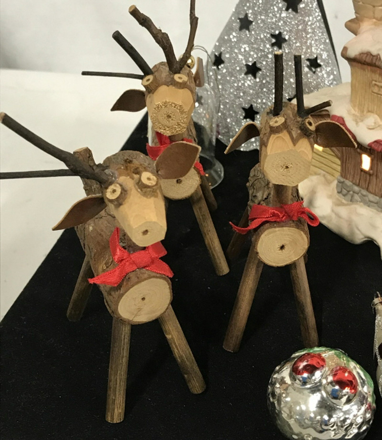 Lot- Vintage Glass Holiday Ornaments, Angel Topper: Vintage holiday decor Glittered Metal Angle Tree Topper. Small, 8.5 in. tall, underside opening approx 2 in. Reindeer Wood Figurines, 1 reindeer antler missing . Various vintage glass ornaments. all w