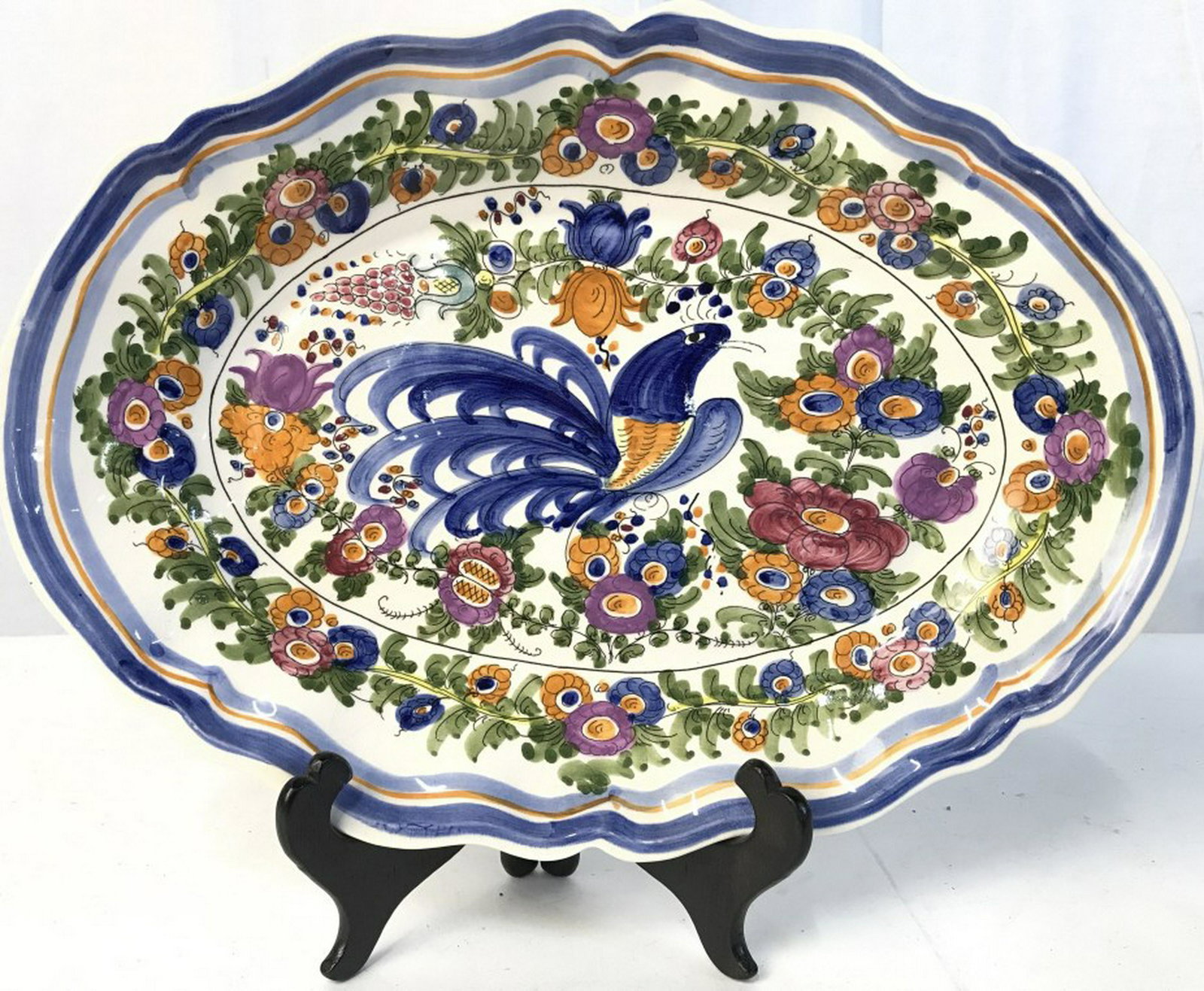 Signed Painted Porcelain Serving Dish: Piece appears to be signed JM on underside. Contains intricate floral leaf bird and vine detail Measures approx 14 inches long 10 inches wide. Tableware,serving dish, possibly handcrafted, decor piece