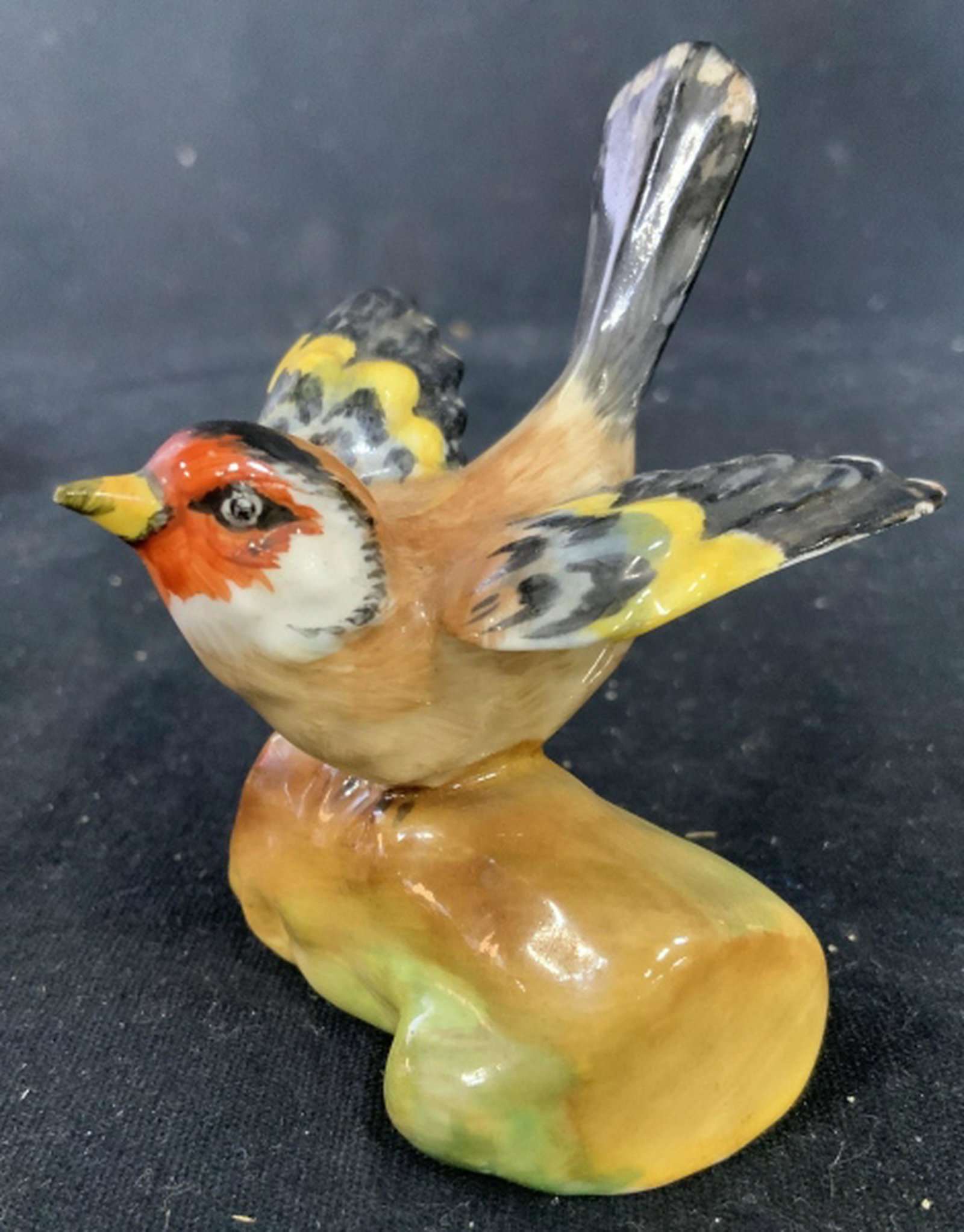Group 3 Table Top Accessories: Bird is JT JONES CROWN STAFFS ENGLAND, Figural of bird on tree limb, porcelain, cranberry glass goblet ht app 6 inches, and Russian Etched Ruby Glass Egg Paperweight, collectibles