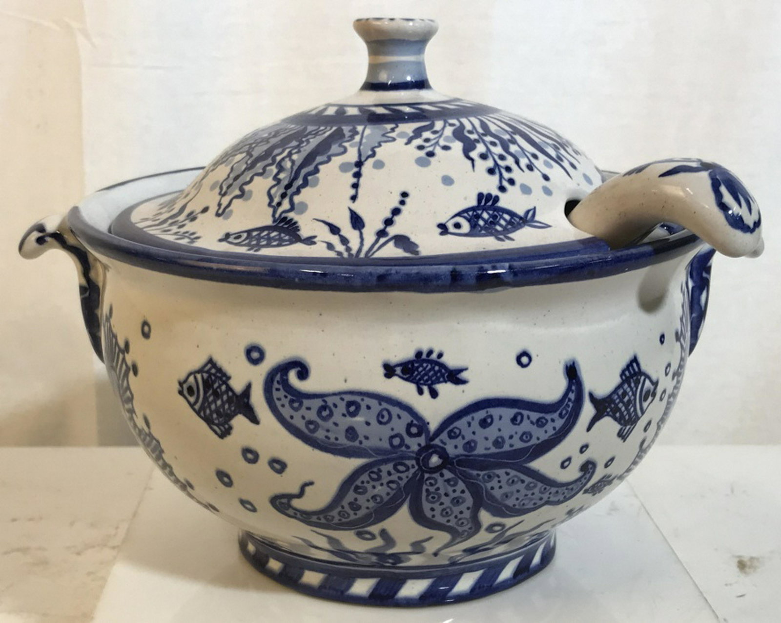 Painted Terra Cotta Mini Tureen with Ladle: Aquatic Theme Design, Blue & White Paint Glaze. Small lifting handles and lid finial to open. Approx 8 in. height, 8.5 in. diameter. Pot is 4.5 in. deep. Ladle, 9 in. No cracks, nicks, scrapes on pott