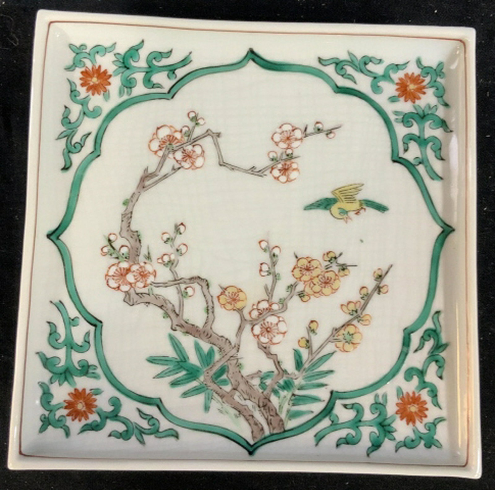 Hand Painted Japanese Porcelain Dish: Plate, platter, decorative tableware, underside marked for Japan, Hand Painted measures ht 2 inches, app 7 inches square,
