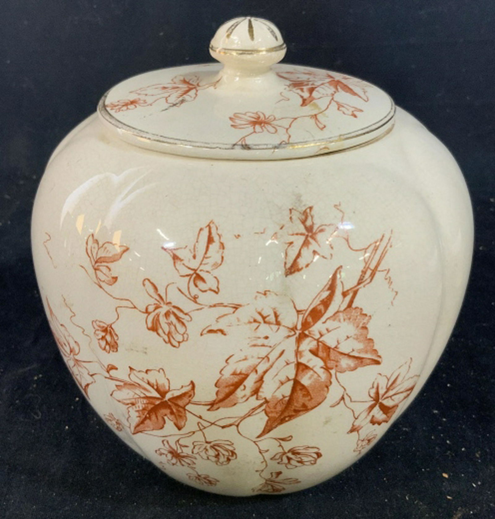 OF&C English Antique Porcelain Vessel: Collectible lidded vessel, jar, ginger jar, marked underside, made in England, ht app 7 inches diameter app 6 inches