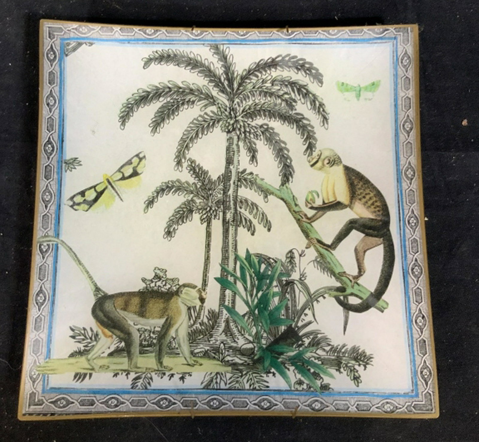 Decoupage Style Monkey Scene Plate: Platter, wired for wall hanging, possibly glass, label on back, measures app 10 inches square wall hanging, shelf piece, decorative tableware