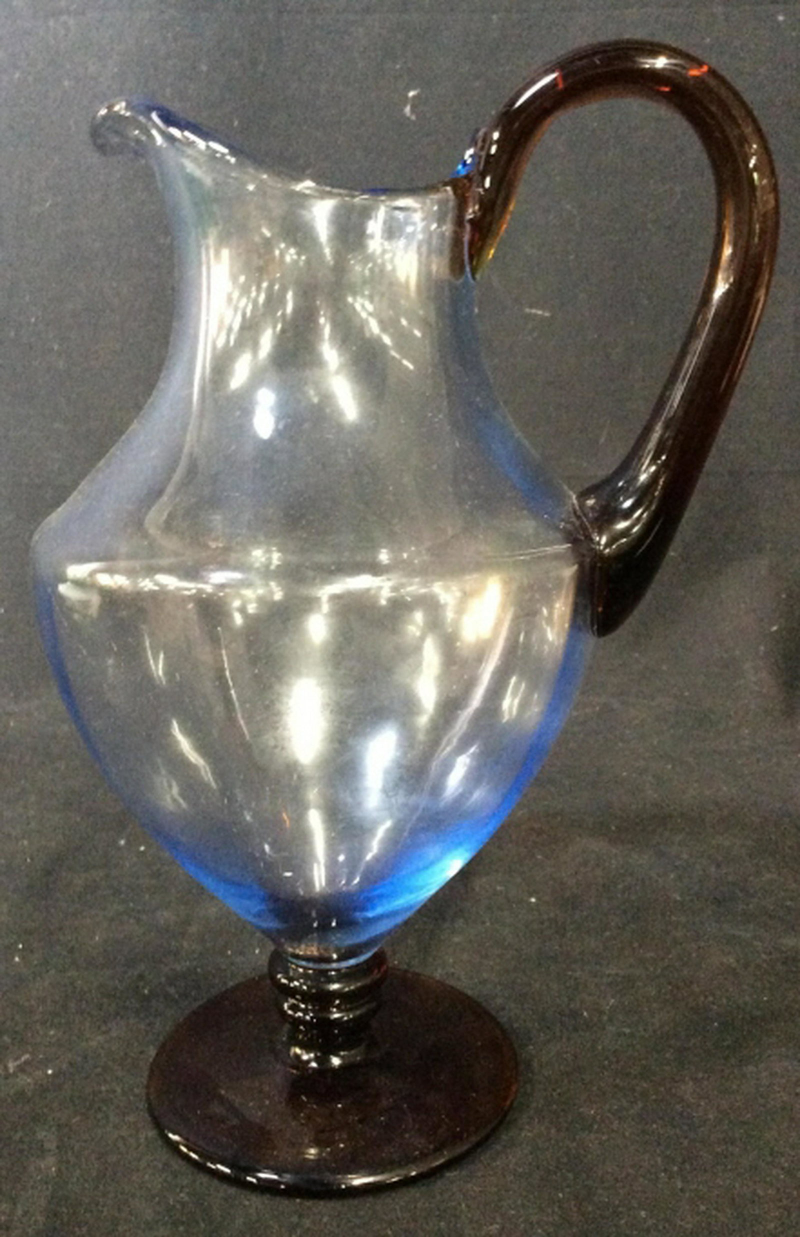 Art Glass 2 Toned Footed Pitcher: Footed Pitcher w Tones of Blues and Browns. Height 9 1/2 inches width 6 inches approximately. pitcher, water pitcher, tableware, tabletop decor