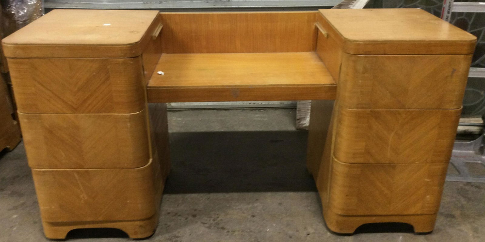 Vintage Vanity Dresser W Mirror: Dresser / desk/ has 6 drawers 3 drawers on each side. Also includes vanity mirror. Mirror needs to be attached. Measures approx 50 inches long 59 inches tall, 17 inches deep. Home furnishings, bedroom