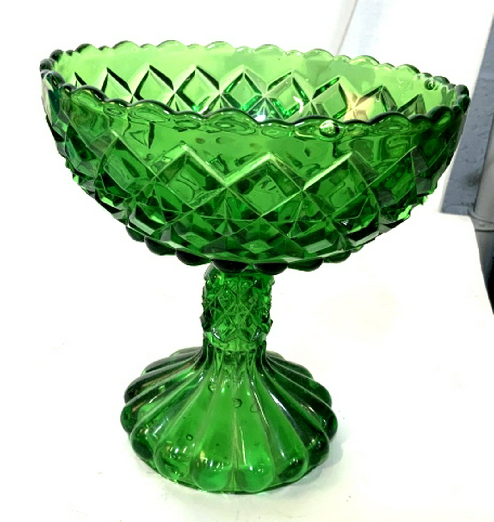 Green Crystal Pedestal Tazza: Bowl, tableware, pedestal bowl, measures app htb6.5 inches diameter app 6.5 inches, collectible vintage glass ware