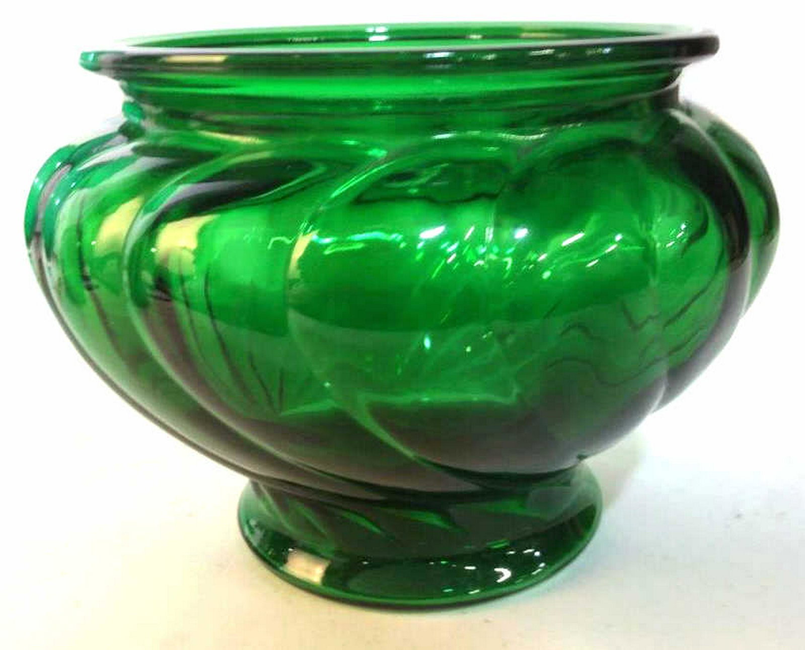 3 Green Glass Vintage Vases: Vintage green glass tableware, decorative accessories, collectibles, tallest measures appn10 inches label reads FIRENZE, bowl reads NAPCO Cleveland USA, and pedestal vase in group