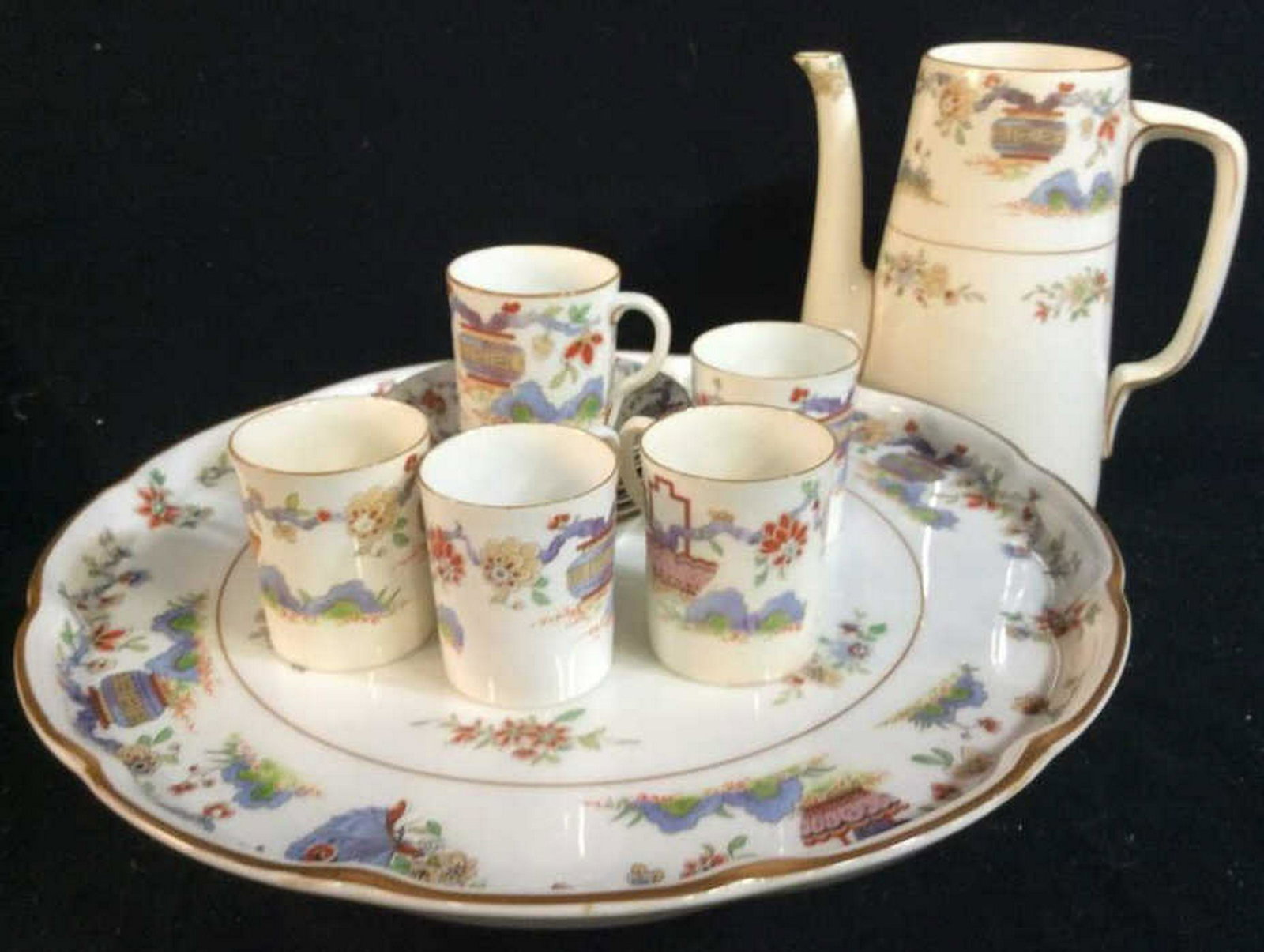 Antique Royal Worcester Porcelain Desert Set: Set includes footed cake plate measures app ht 2.5 inches diameter 10.5 inches, coffee pot ht app 6 inches no lid, 5 espresso cups, 6 saucers, English porcelain, China, Tableware, collectible
