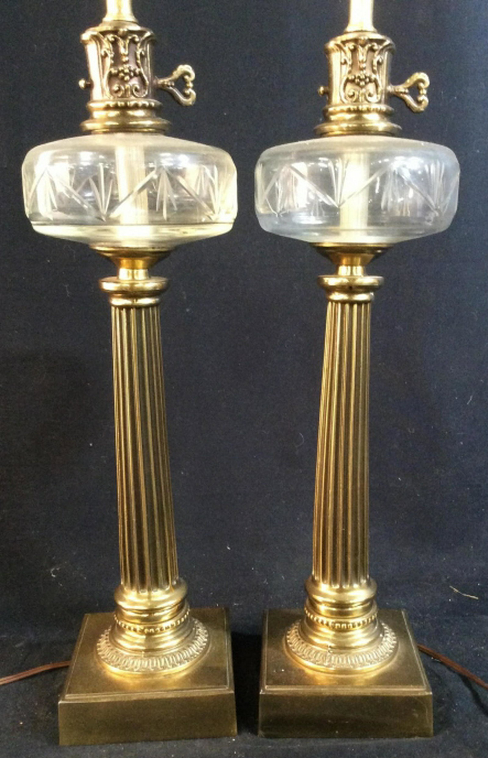 Pair Brass Glass Columnar Style Lamps: Pair of vintage lamps, each measures ht to finial app 31 inches, home accent and decor, lighting accessories, table lamps