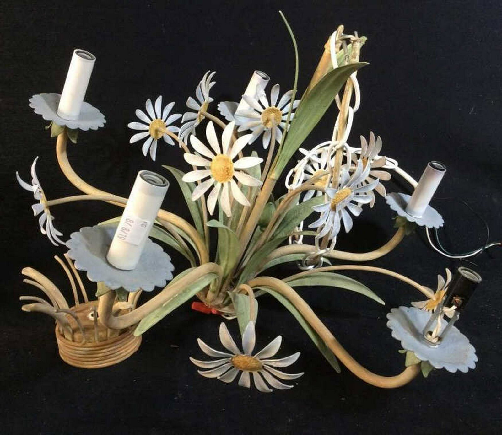 Painted Tole Metal Daisy Chandelier: Ceiling light fixture, vintage tile ware, painted metal, daisies and leaf forms, five light, matching ceiling mount, diameter app 20 inches ht to chain attachment app 14 inches, shabby chic, vintage d