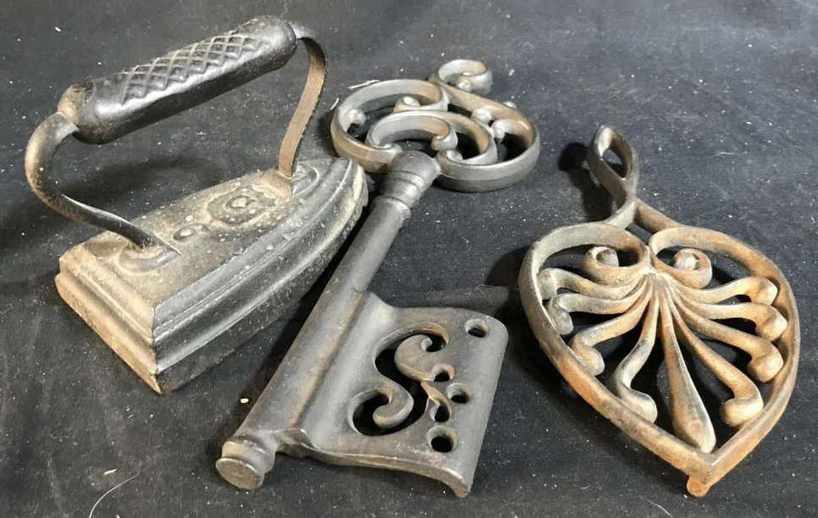 Three Pieces Vintage Iron Ware: Antique Iron, iron decorative key length app 13.5 inches and iron trivet, iron collectibles