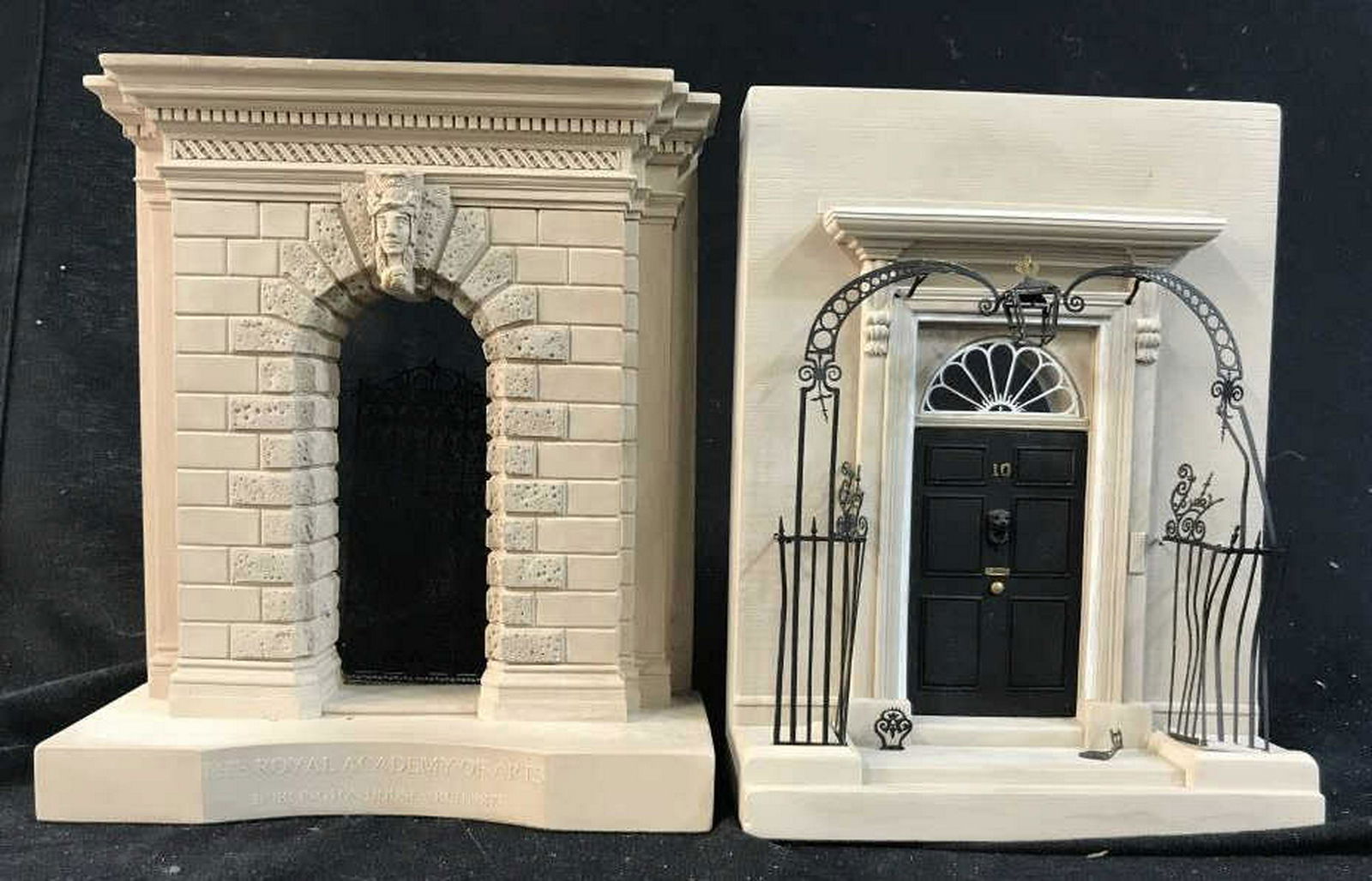 Pair Ceramic Replicas London Buildings: Table ware, accessories, book ends, 10 Downing Street, royal academy of arts, labels on verso with info, Ceramic replicas, taller measures ht app 8.5 inches