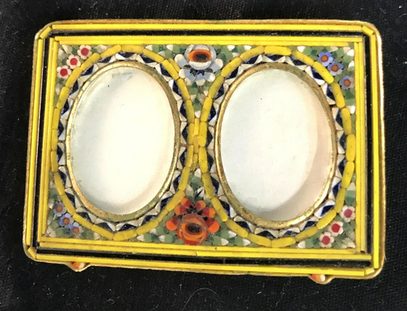 4 Miniature Vintage Picture Frames largest app: Largest app 3 by 2 inches, decorative, collectibles, mosaic work, enamel, silver toned frames, pink rhinestones