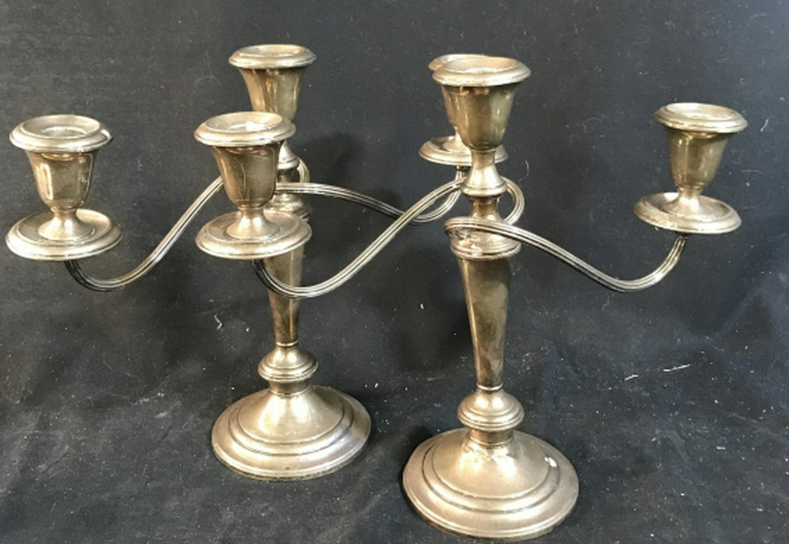 Pair 3 Light GORHAM Sterling Silver Candelabras: Sterling Silver table ware, table top accessories, marked and trademarked on underside, each measures htv10.5 inches with arms app 13.5 inches, marked gorham, marked sterling, additional markings ille