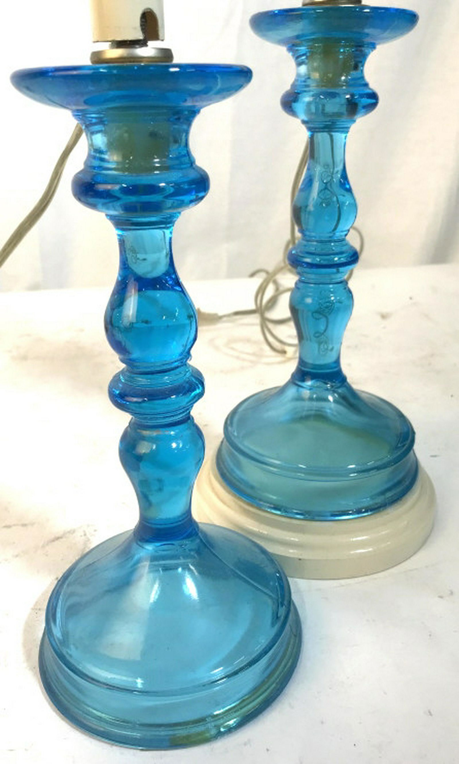 Pr Cerulean Blue Glass Candlestick Lamps: One on wood base, taller measures to light app 20 inches ht candlestick lamps, home accent and decor, lighting accessories, table lamps