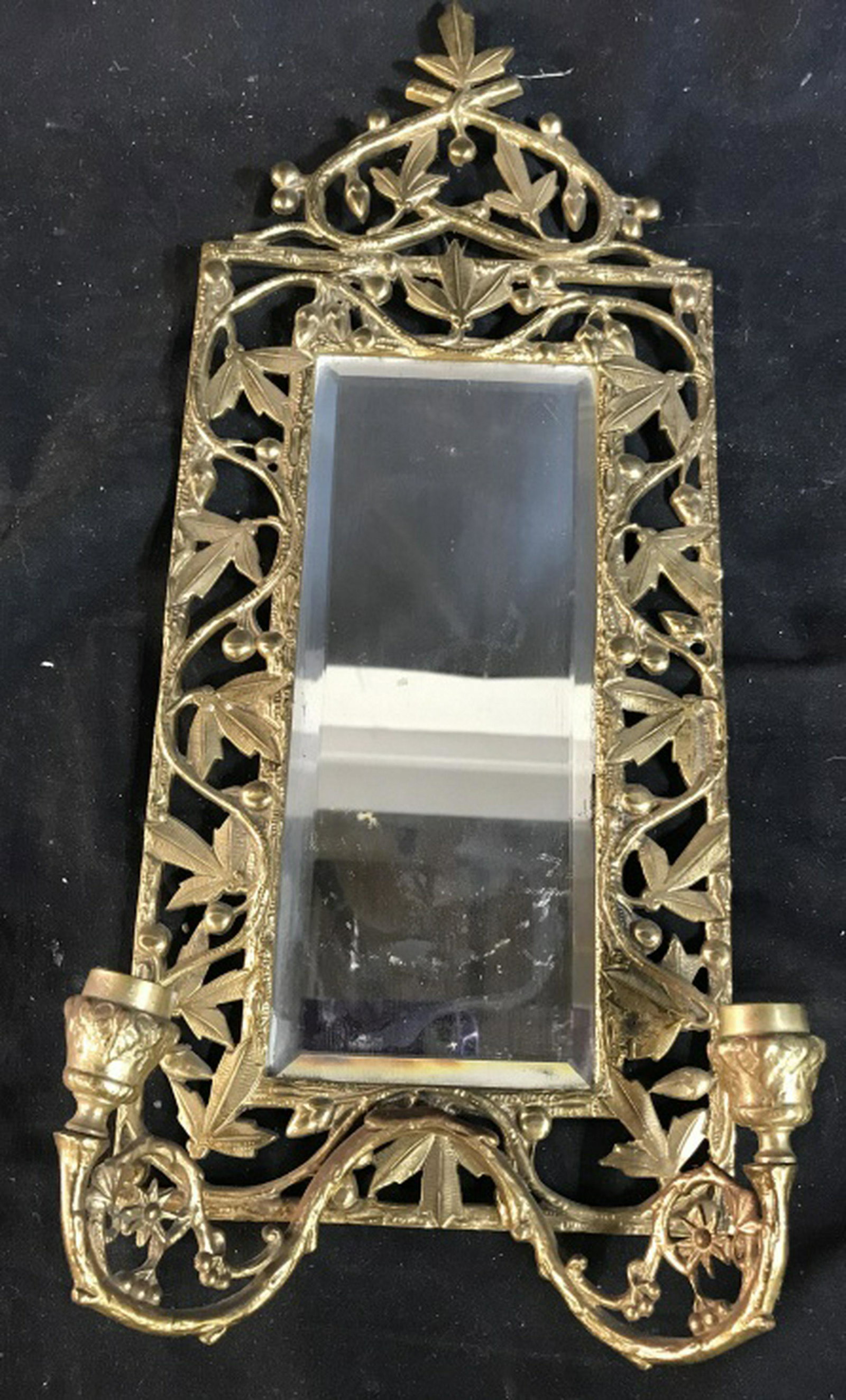 Brass Framed Mirror Candle Sconce: Wall mount decorative accessory framed brass mirror with pair candle holders, measures ht app 19 inches, width app 7.5 inches depth 3.5 inches home decor and accessories, home accent wall hanging mirr