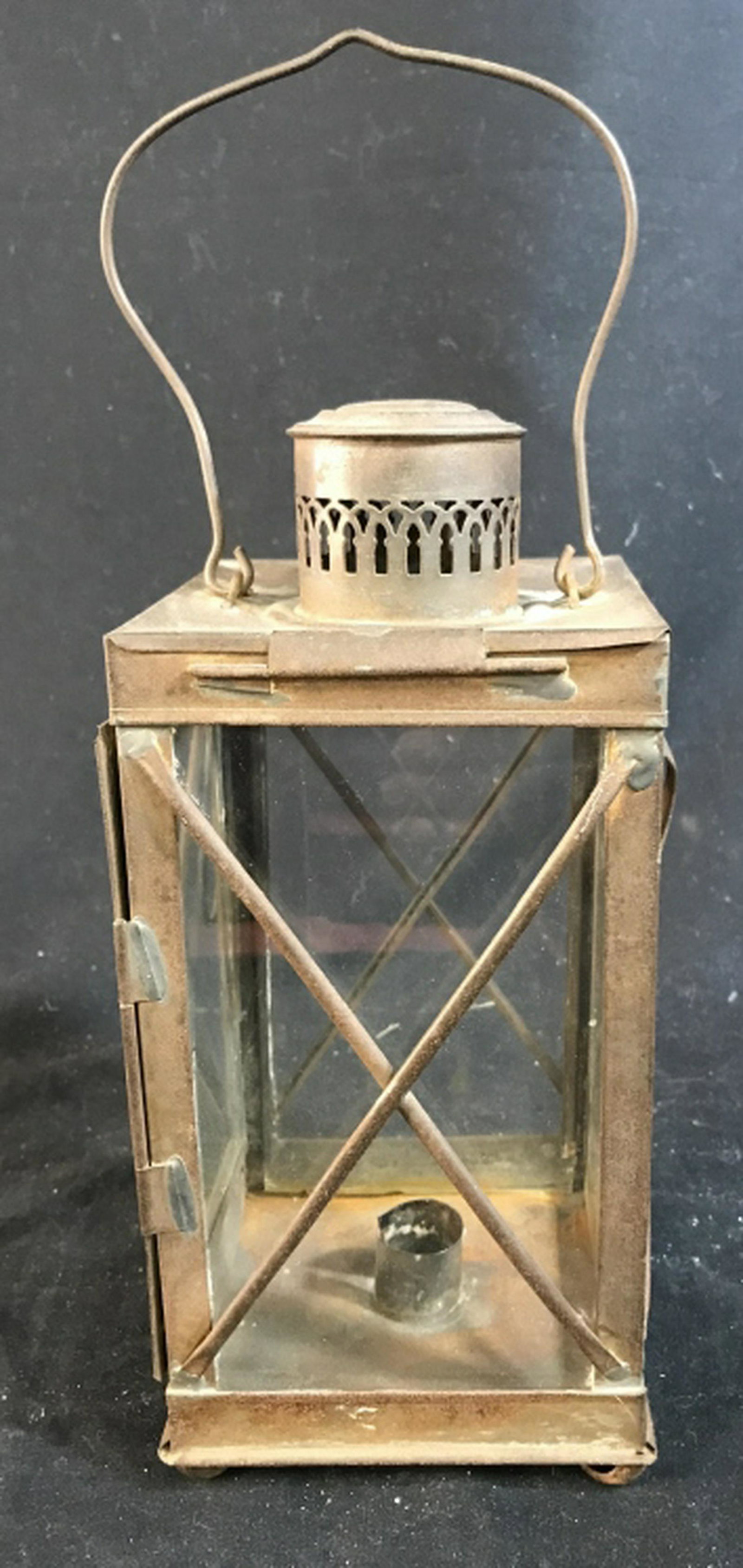 Antique Candle Lantern Metal Glass, Germany: Marked underside for Germany glass metal house with center candle holder, measures ht to handle top appp 12.5 inches base 4.5 inches square, collectible, home accent and decor