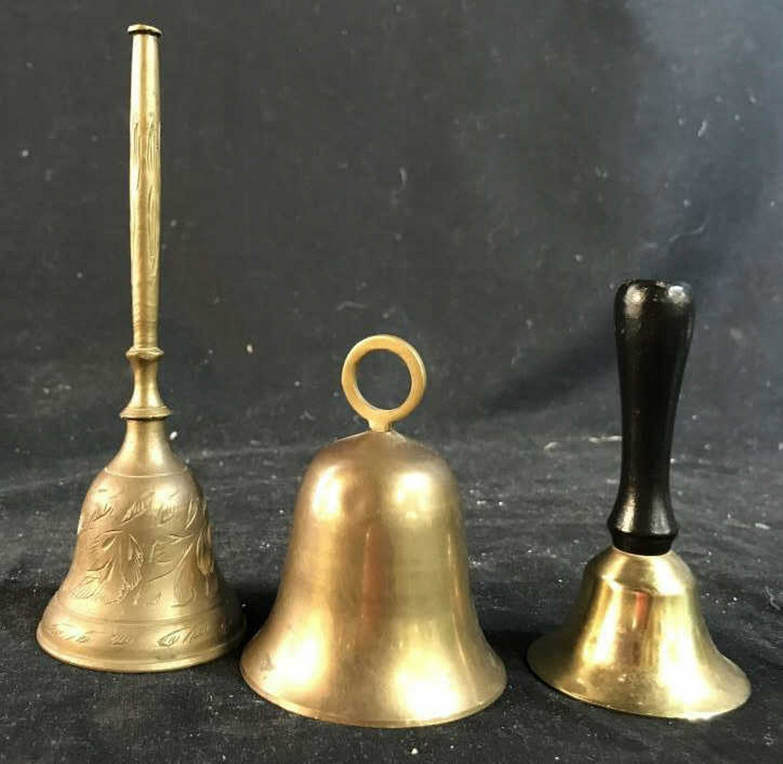 Three Brass Bells: Tallest measures ht 6 inches, vintage collectibles, desk tops, two missing ringers