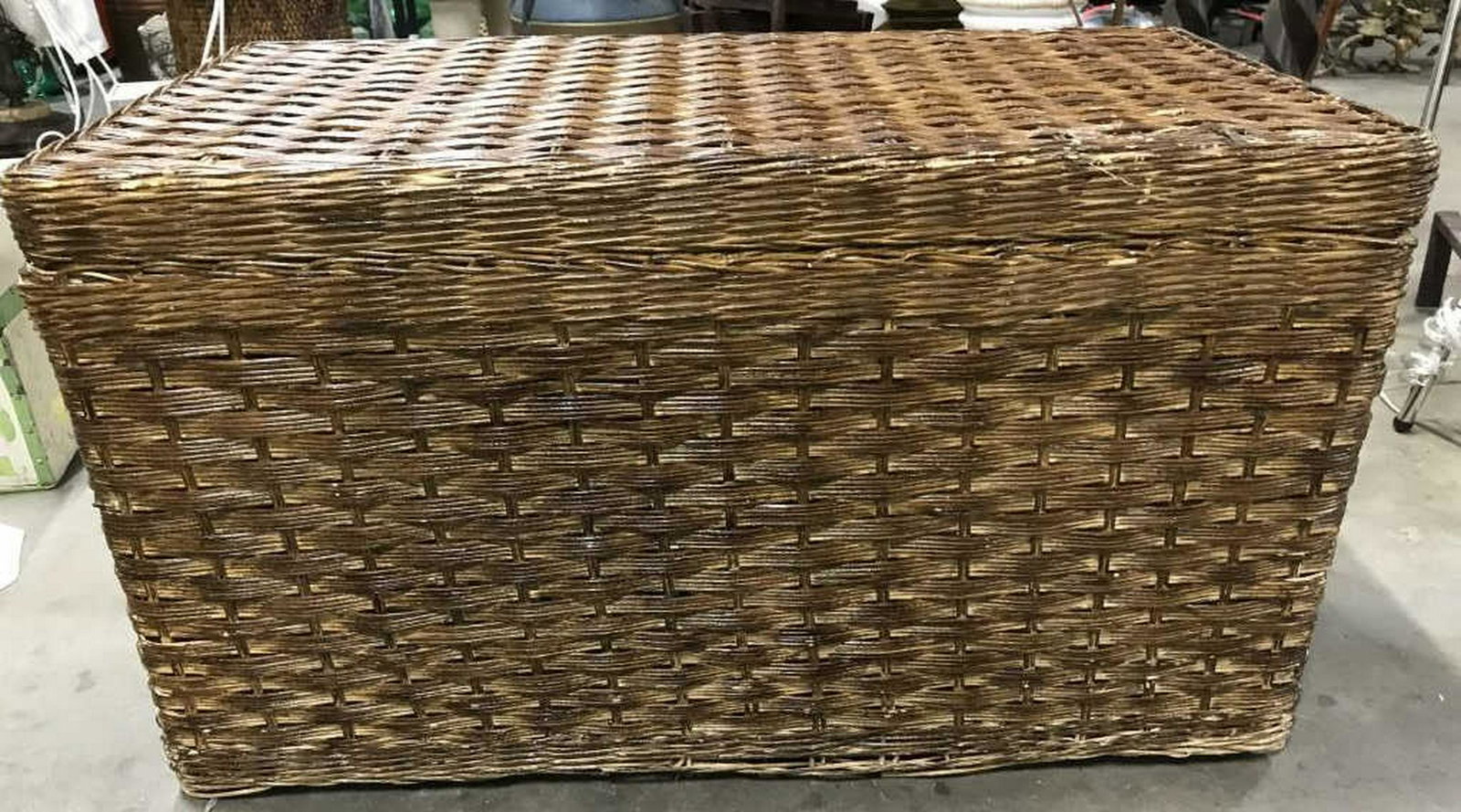Wood Lined Wicker Trunk: Chest, storage, some wear, measures ht 17 inches top app 31 by 17 inches, chest trunk, coffee table, home accent and accessories, patio furniture