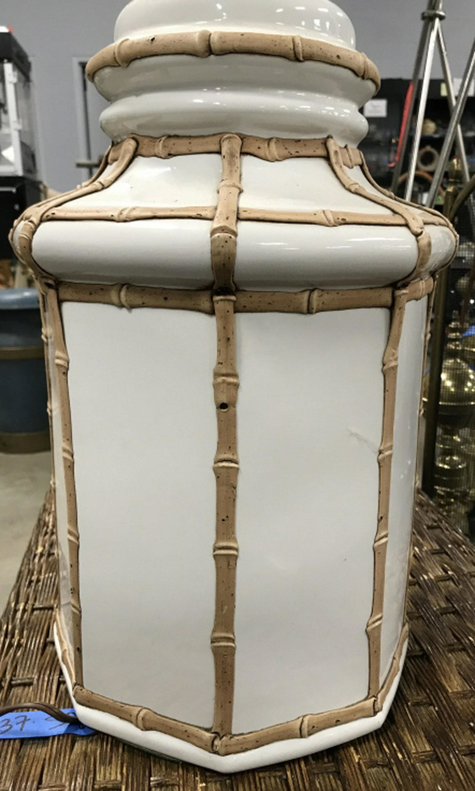 White Porcelain Bamboo Accents Lamp: White porcelain lamp with porcelain faux bamboo accents, ht app 33 inches to finial,diameter app 13 inches , home accent and decor, lighting accessories, table lamps