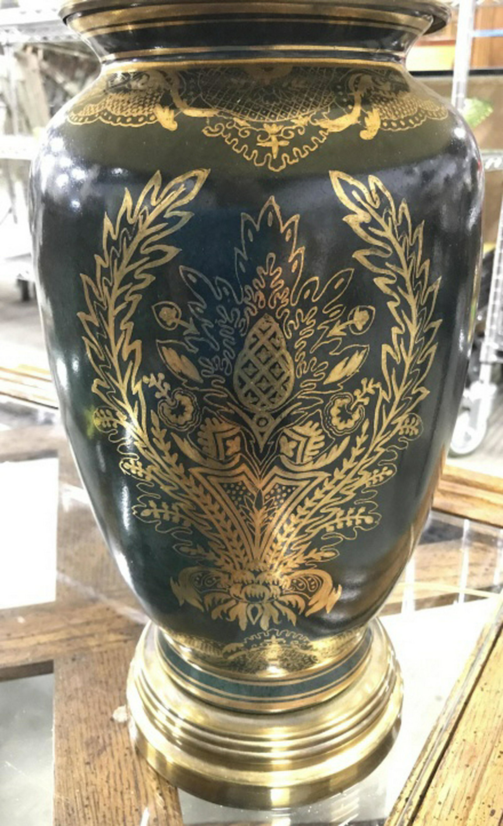 Green Gold Painted Porcelain Lamp: With brass base and details, comes with shade, ht to finial app 30 inches, decorative accessories , home accent and decor, lighting accessories, table lamps