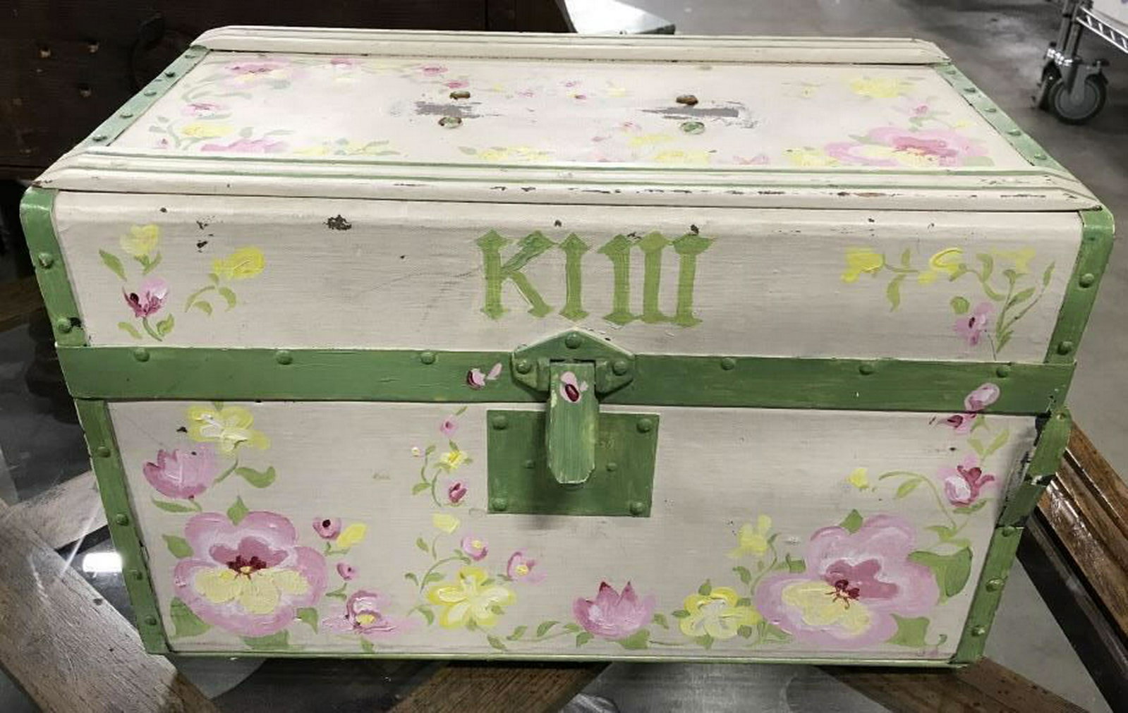 Painted Wood Trunk w Doll Furniture And more: Wood trunk monogrammed Kim, Painted w floral design and contains doll house furniture, mini stuffed mice, tea party place settings, holiday decor and more, Trunk Measures ht 11 inches top app 10 by 16
