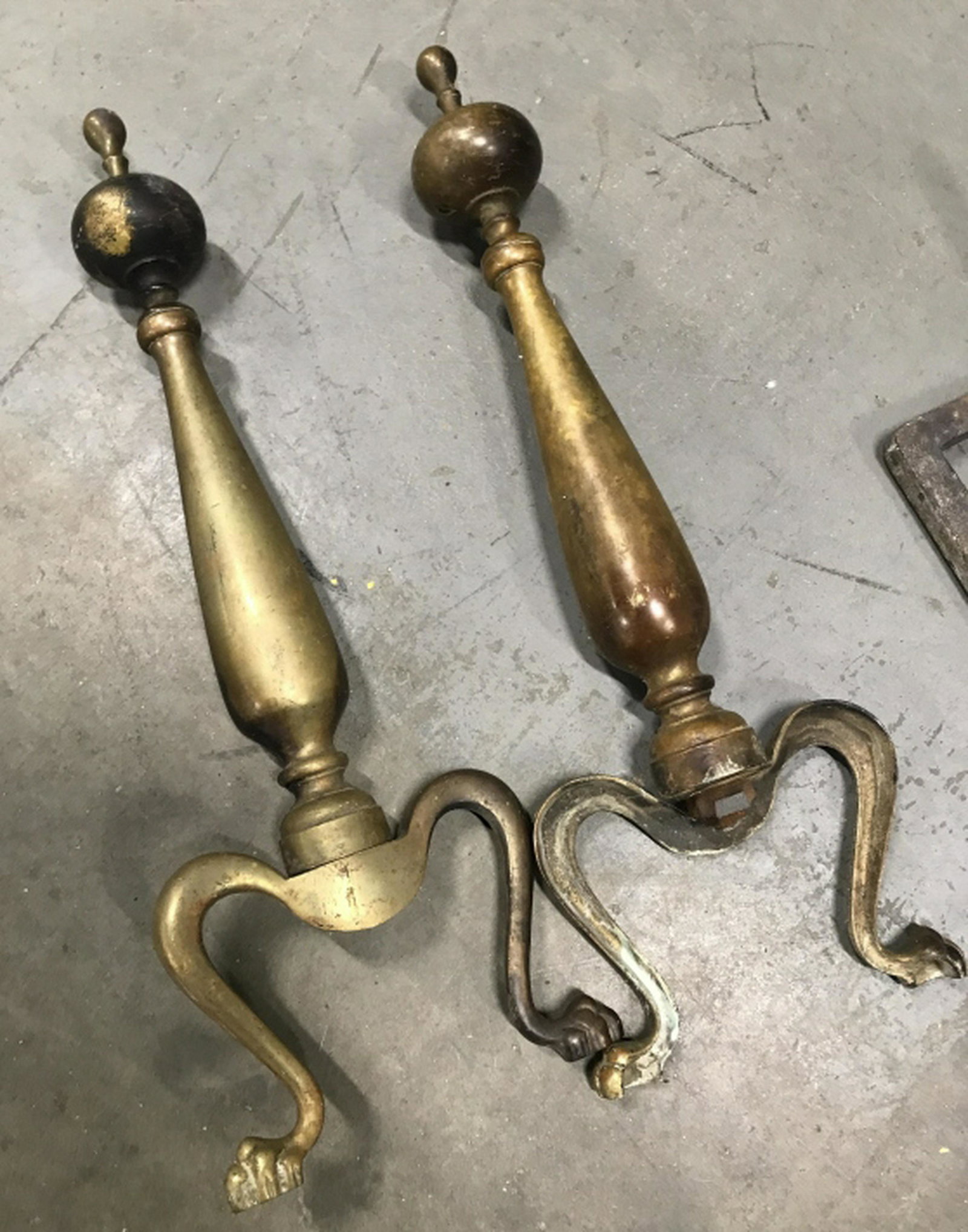 Pair Brass Claw Foot Andirons: Need re attachment to log holders, brass and iron, vintage possibly antique each measures ht app 20 inches home accent and accessories, decorative accessories, fireplace accessories