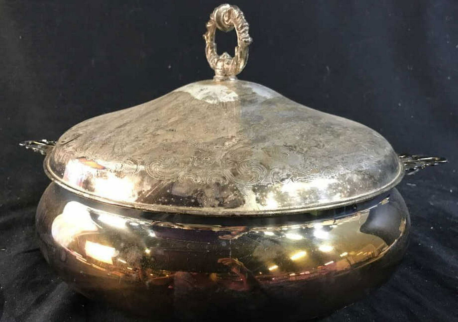 Sheffield Silver Plate Lidded Tureen: Etched pattern double handled measures ht 9 inches diameter app 15 inches, tableware, home accent and decor, soup tureen, table top accessory, serving dish, kitchen ware