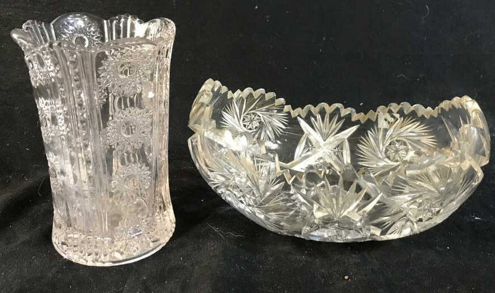 Lot 2 Vintage Cut Crystal Glass Vessels: Vase, bowl, decorative table ware, collectible vintage glass, taller measures ht 7 inches