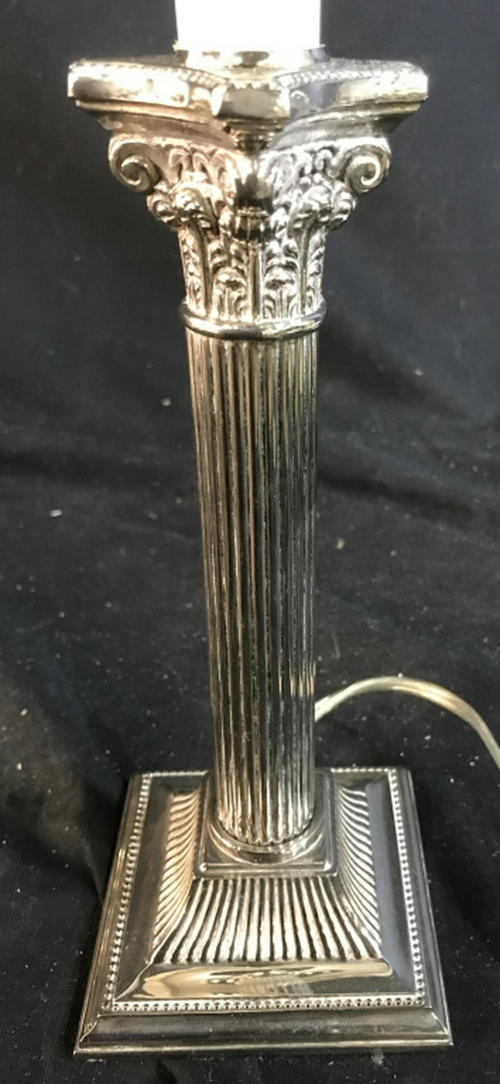 Silver Toned Candle Stick Lamp w Shade: Columnar form, shined silver toned desk lamp, measures to top of shade 17 inches, home accent and accessories, decorative accessories, home lighting, home decor, table lamps,