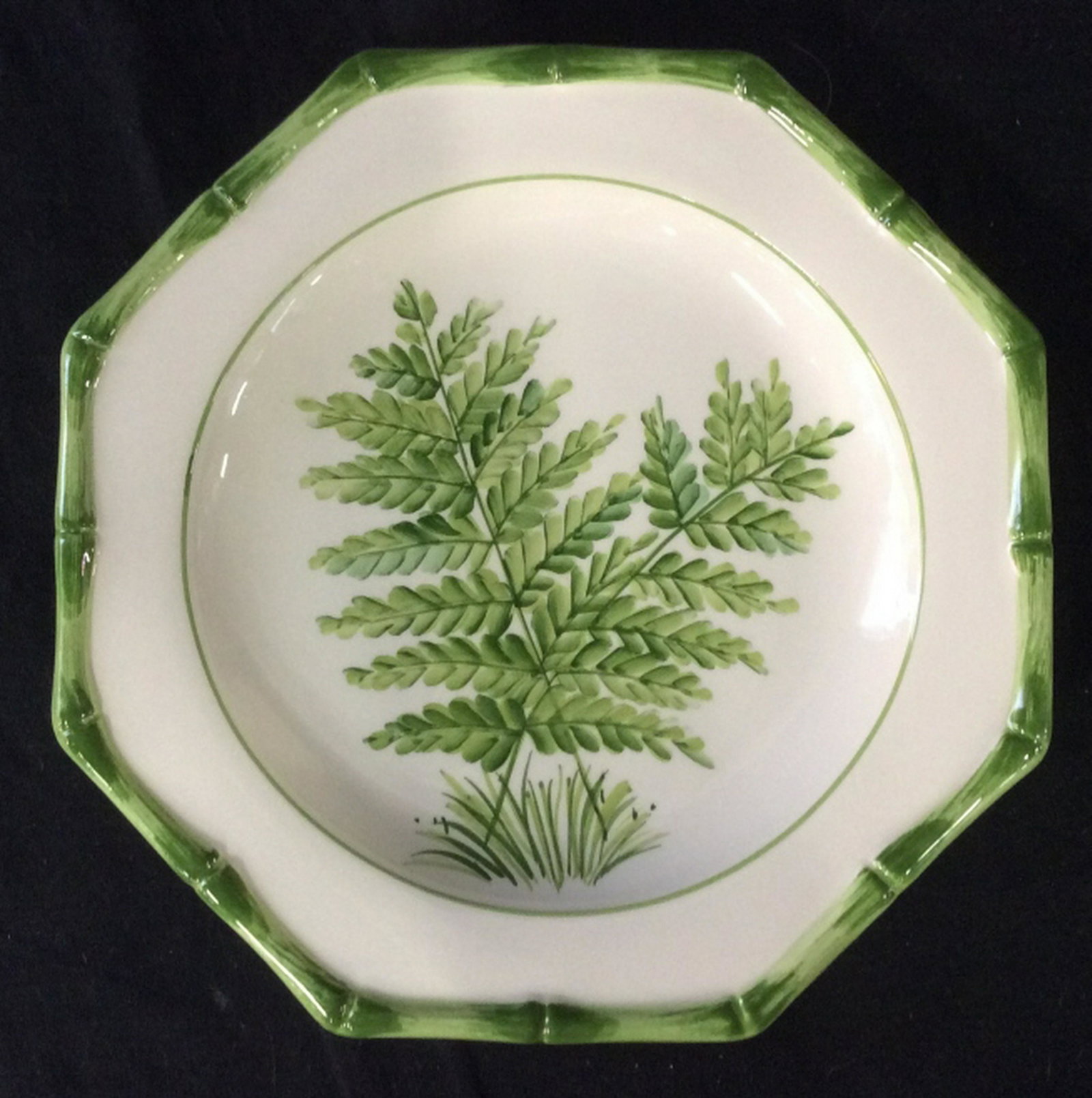 Italian Fern Art Dishes Possible ceramic or porcelain 8: Possible ceramic or porcelain 8 inch plates made in Italy. Plates depict various fauna with a bamboo like border. tableware, Plates, ceramic, porcelain, dishes, painted, Italian dish-ware, Italian Kit